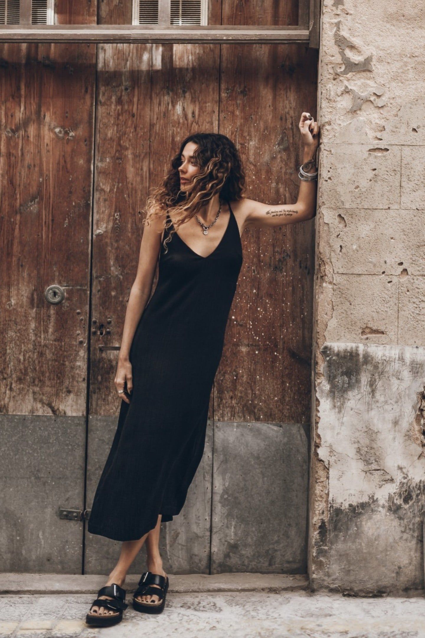 THE BLACK LONG LYOCELL SLIP DRESS BLACK 1