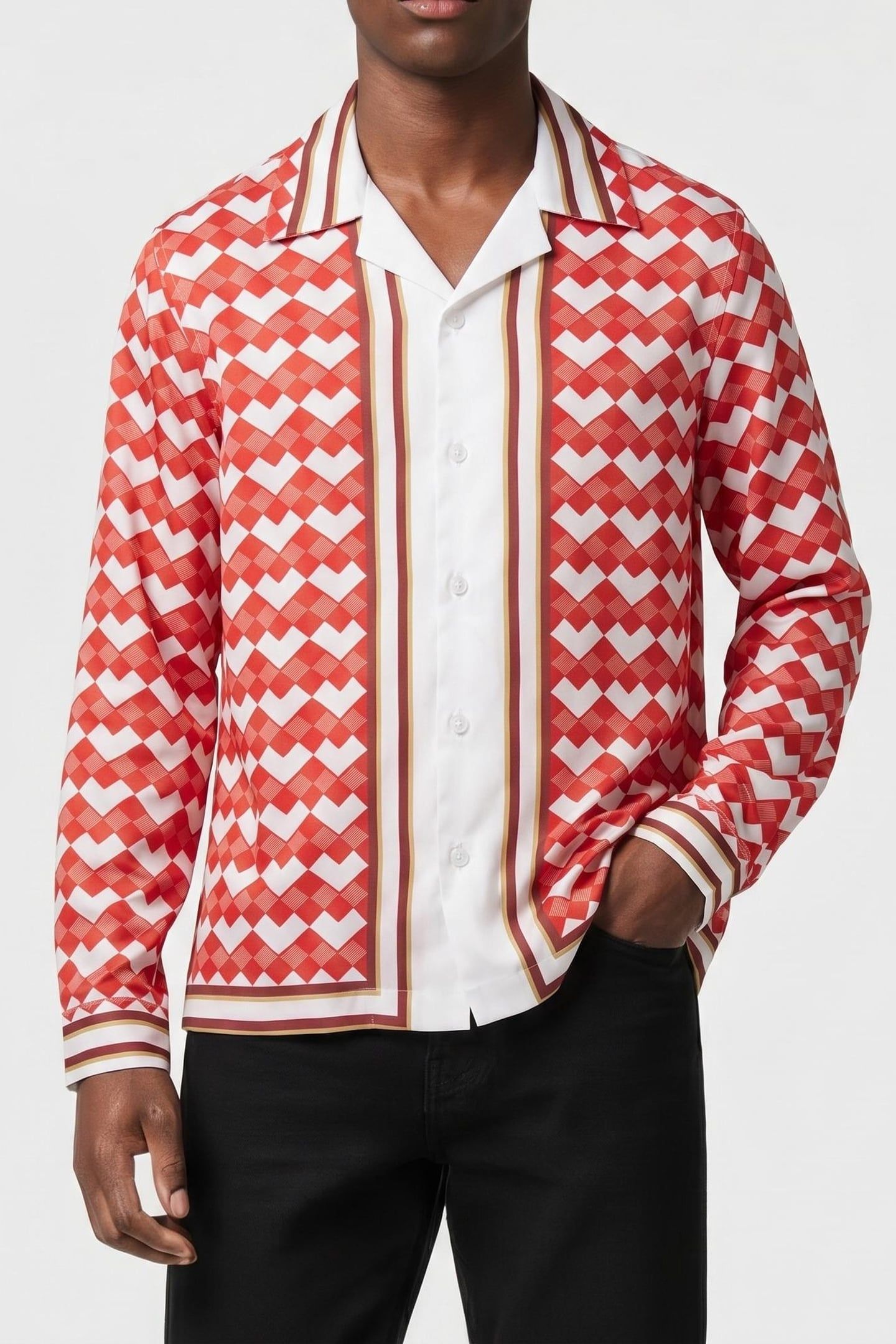 LS CUBAN GEO PLACEMENT PRINT SHIRT RED/WHITE 1