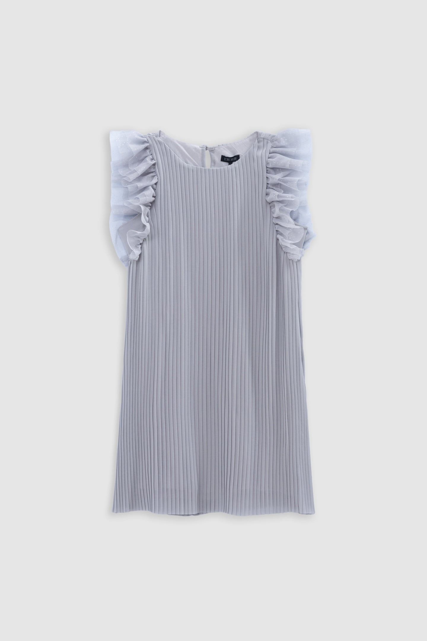 SILVER PLEATED DRESS WITH SWISS TULLE SLEEVES 1