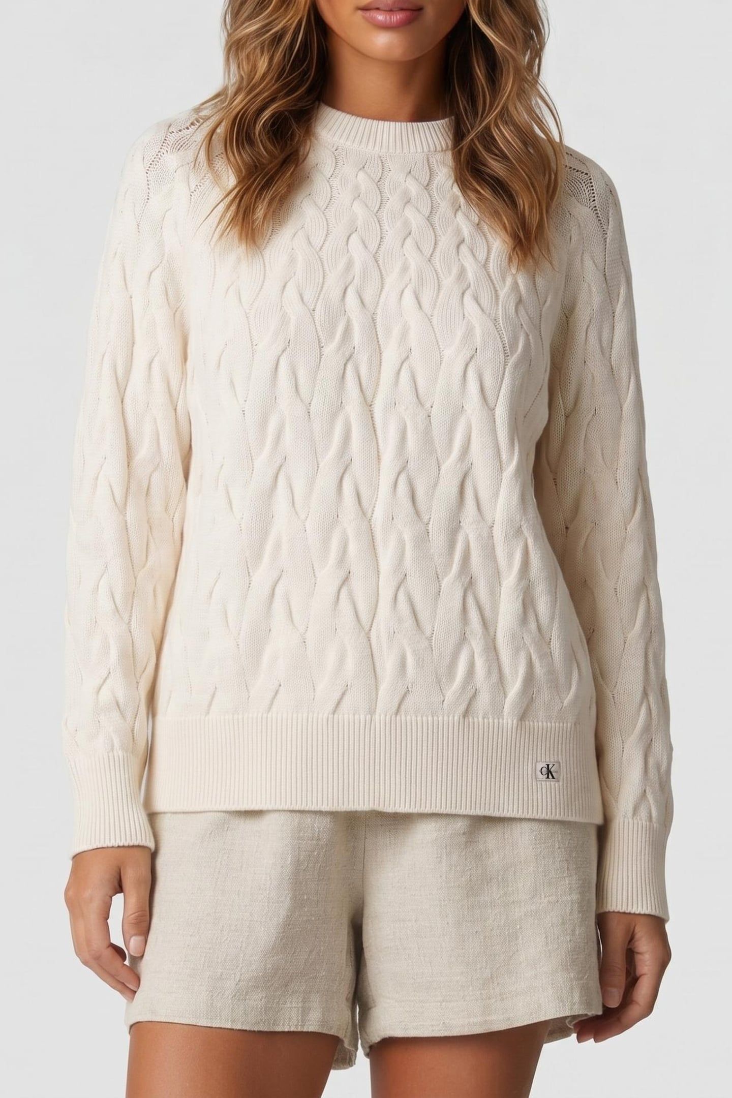 CABLE CREWNECK PULLOVER WHITE GREIGE 1