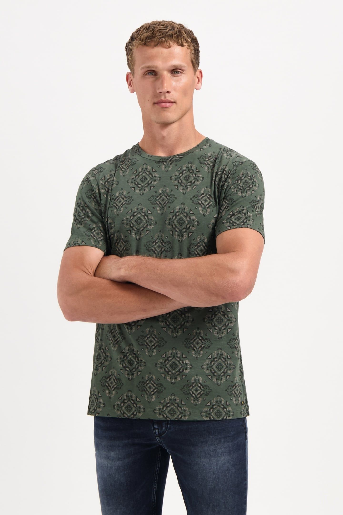 T-SHIRT CREWNECK ALLOVER PRINTED GARMENT DYED SLUB DARK GREE 3
