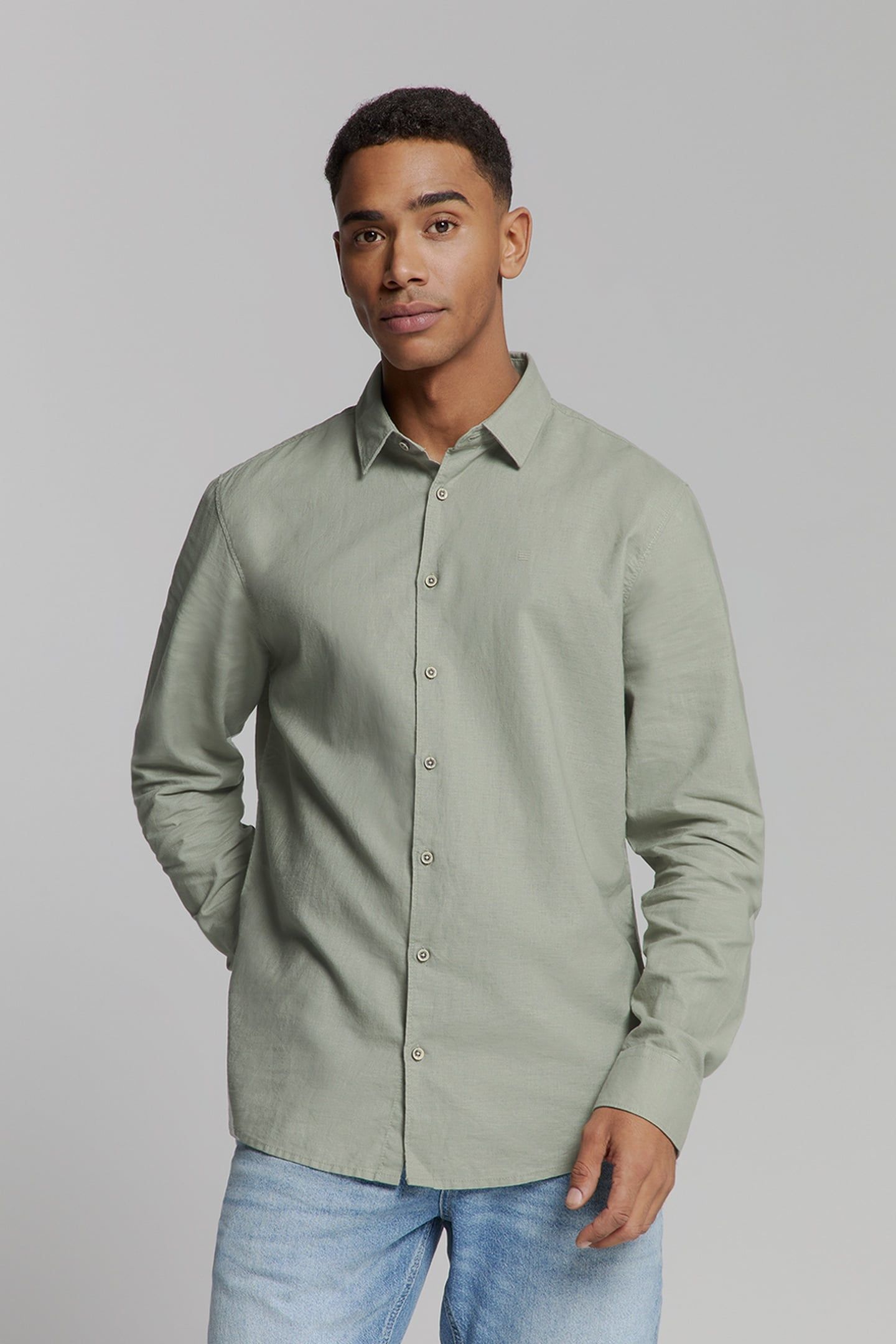 SHIRT SOLID WITH LINEN LIGHT ARMY 2