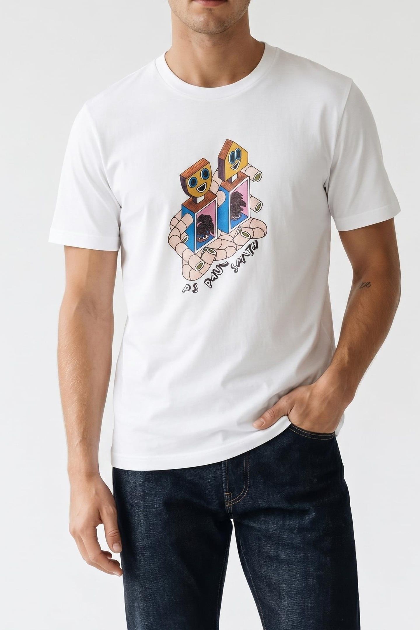 MENS REG FIT T SHIRT ROBOTS WHITE 2
