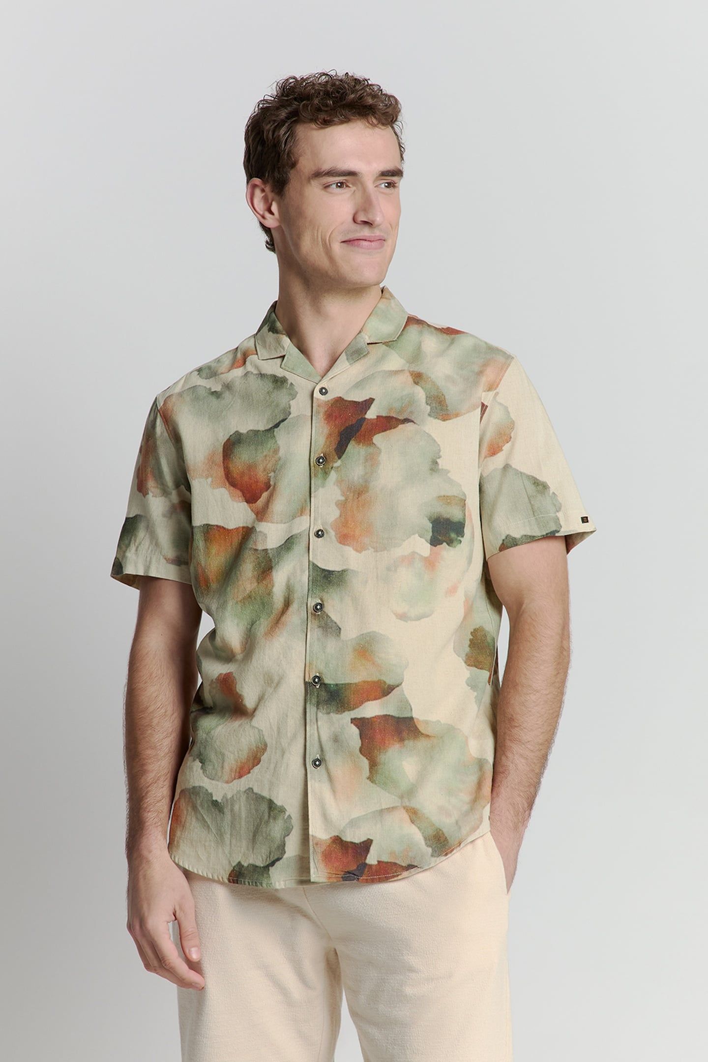 SHIRT SHORT SLEEVE REVERS COLLAR ALLOVER PRINTED WITH LINEN  3