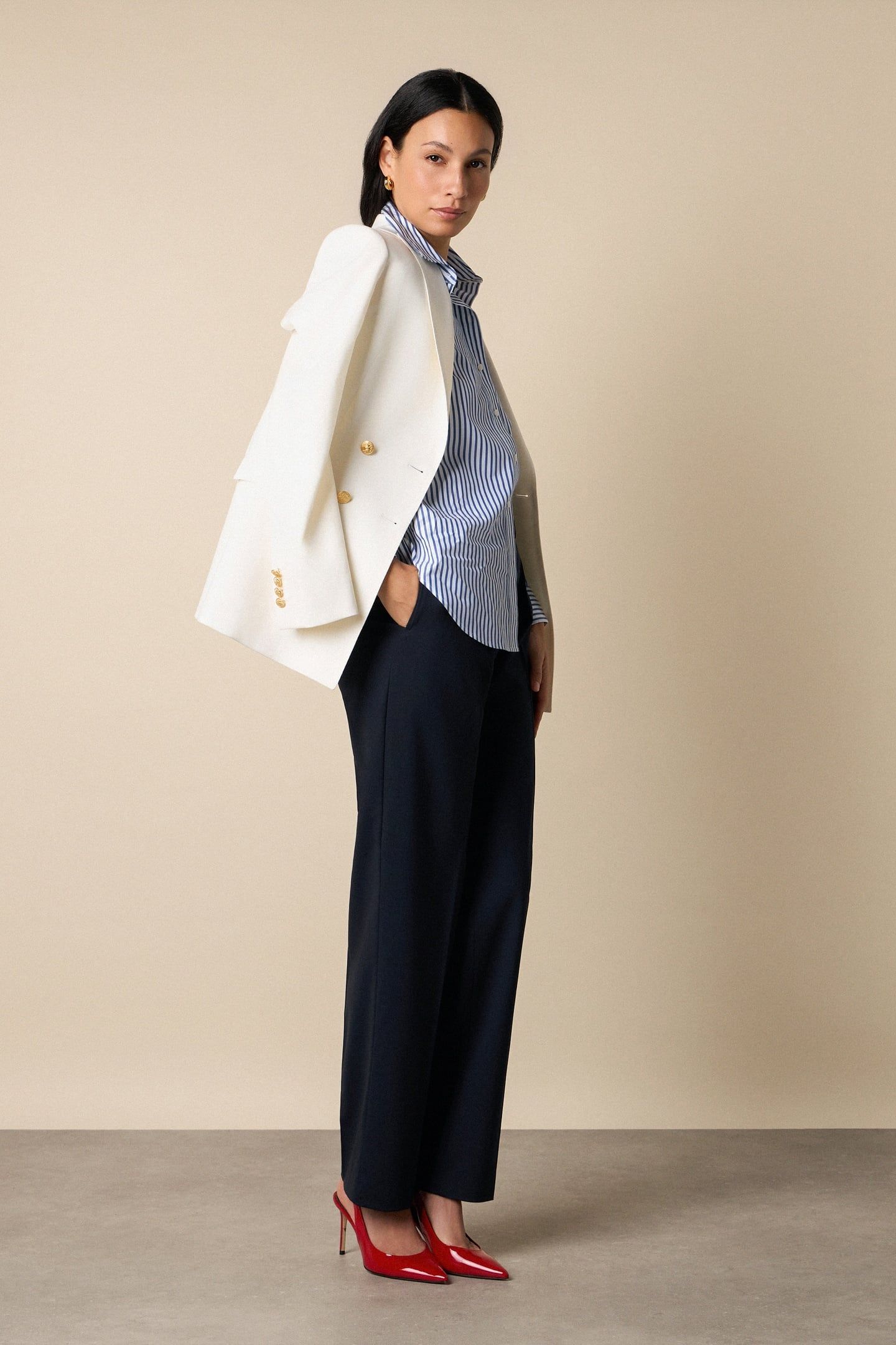 WOOL BLEND STRETCH PLEATED TROUSERS NAVY 3
