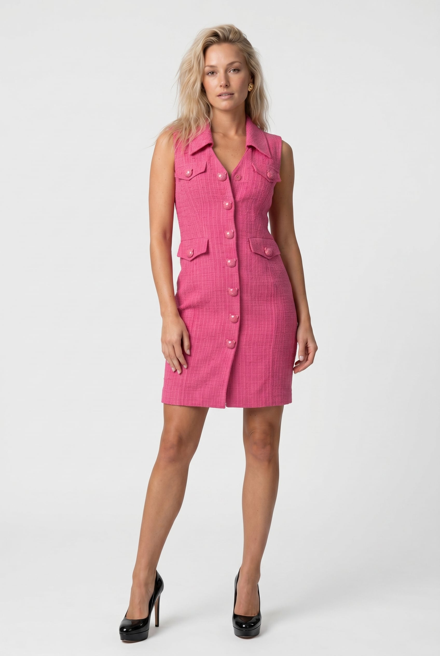 TEDDY BUTTONS TWEED DRESS PINK 1