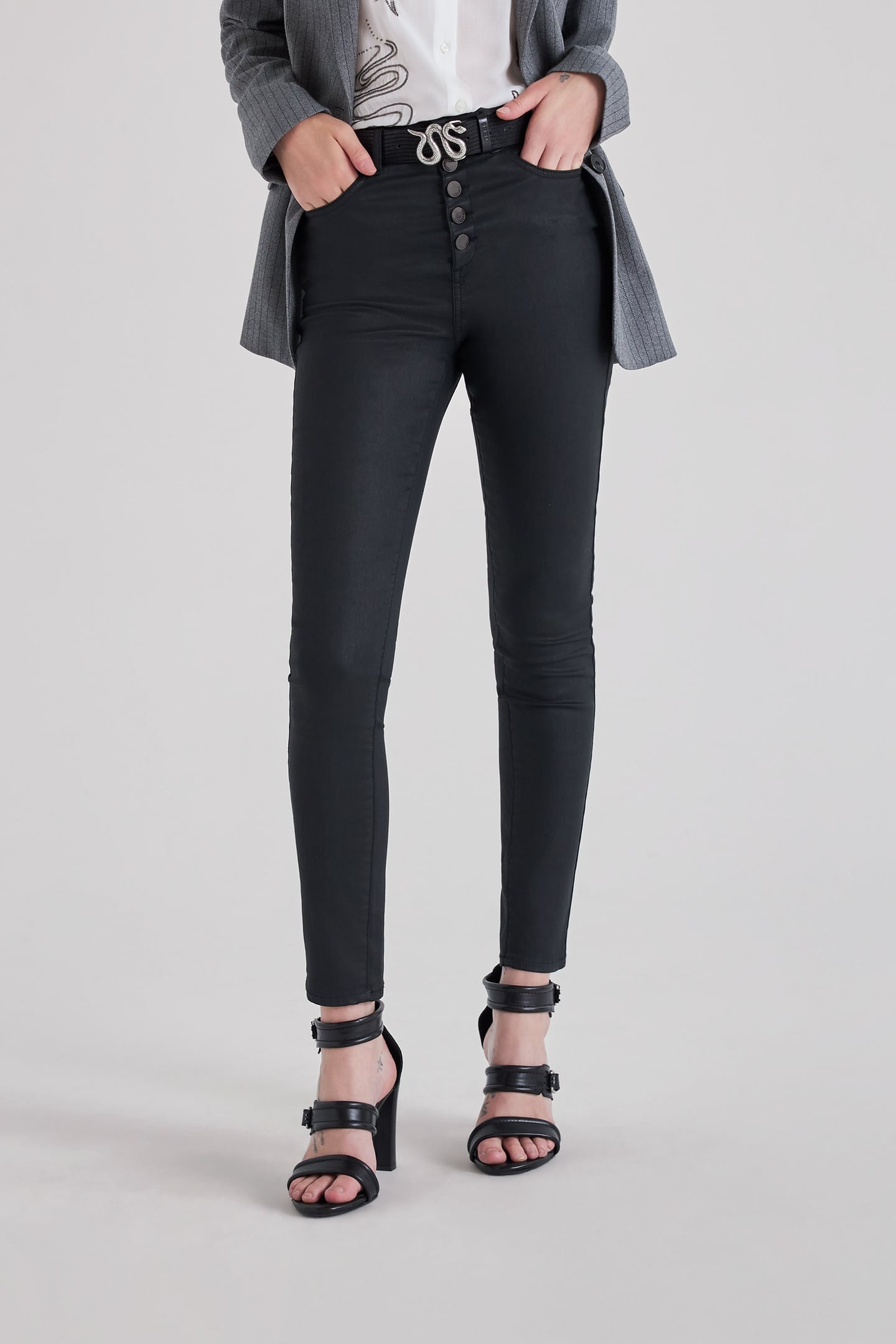 BLACK CROPPED JEANS WITH VISIBLE POWERSTRETCH BUTTONS 1