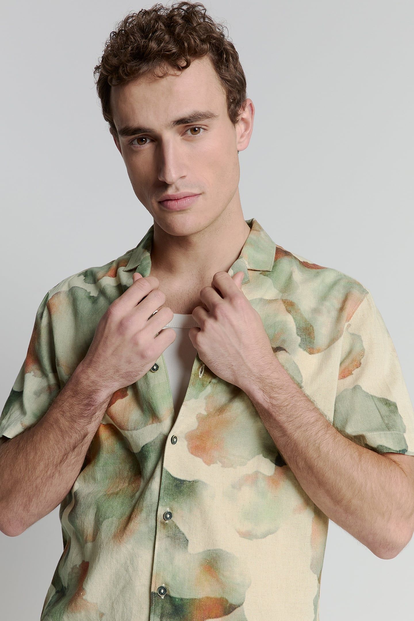 SHIRT SHORT SLEEVE REVERS COLLAR ALLOVER PRINTED WITH LINEN  2