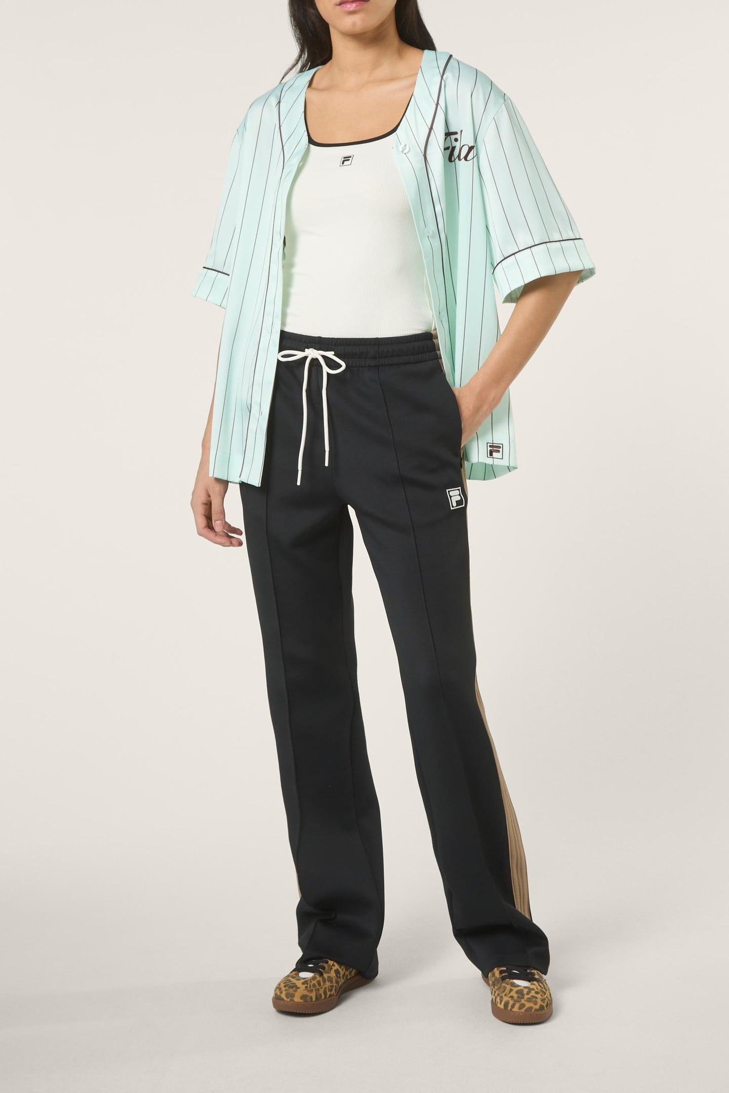 FIESOLE BOXY PINSTRIPED SATIN BASEBALL SHIRT SOOTHING SEA /  2