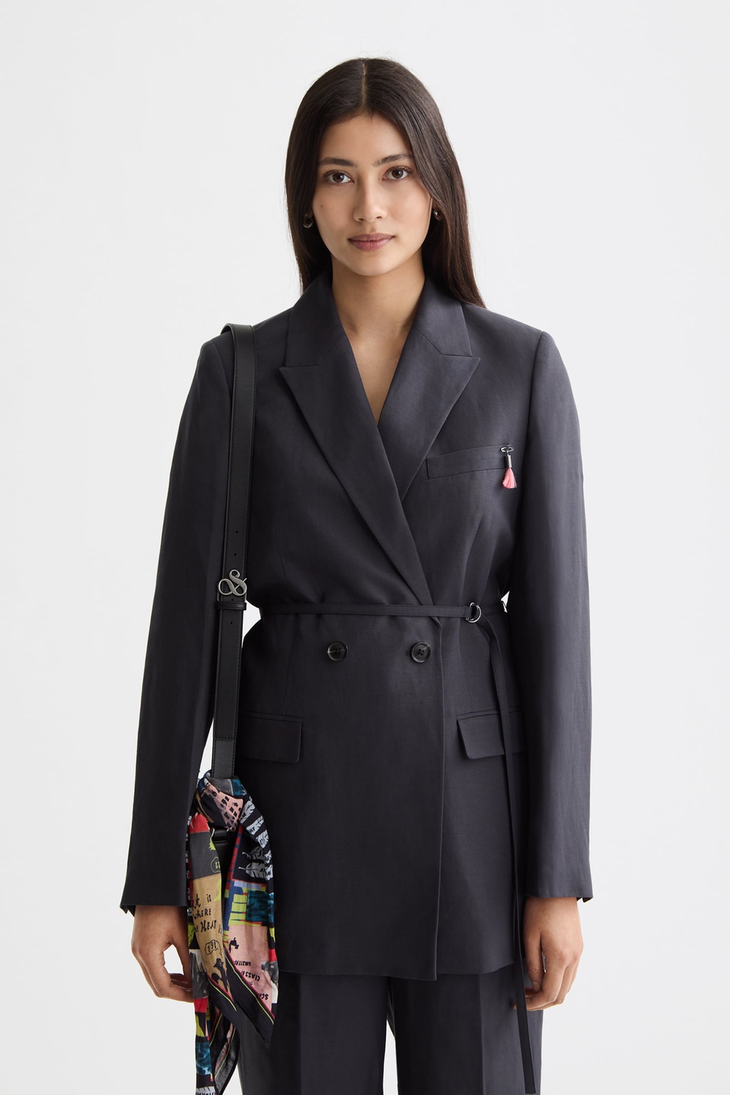 DOUBLE BREASTED BELTED DRAPEY BLAZER CHARCOAL ART 2