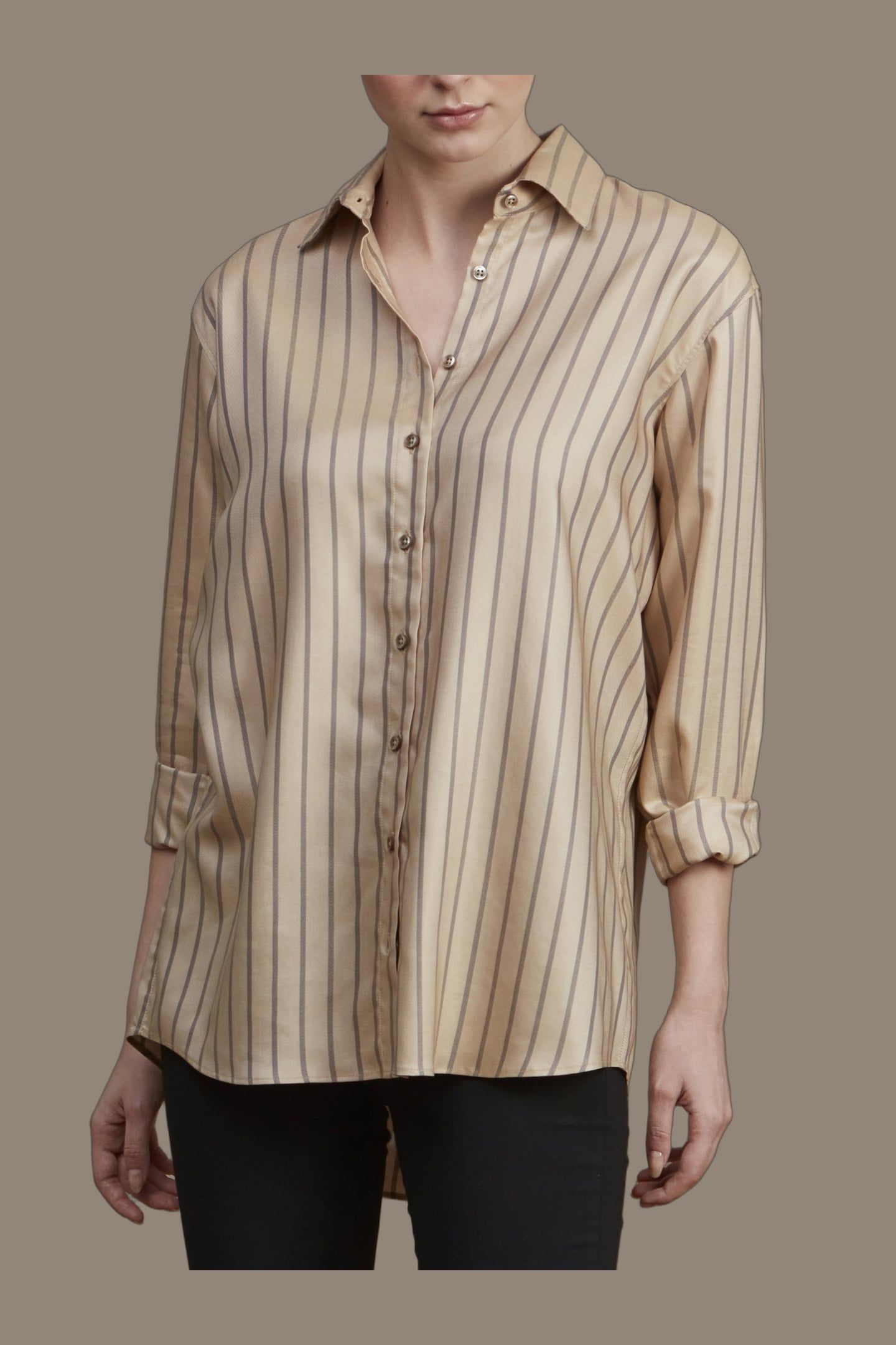 DINA SHIRT, LONG BEIGE STRIPE 1
