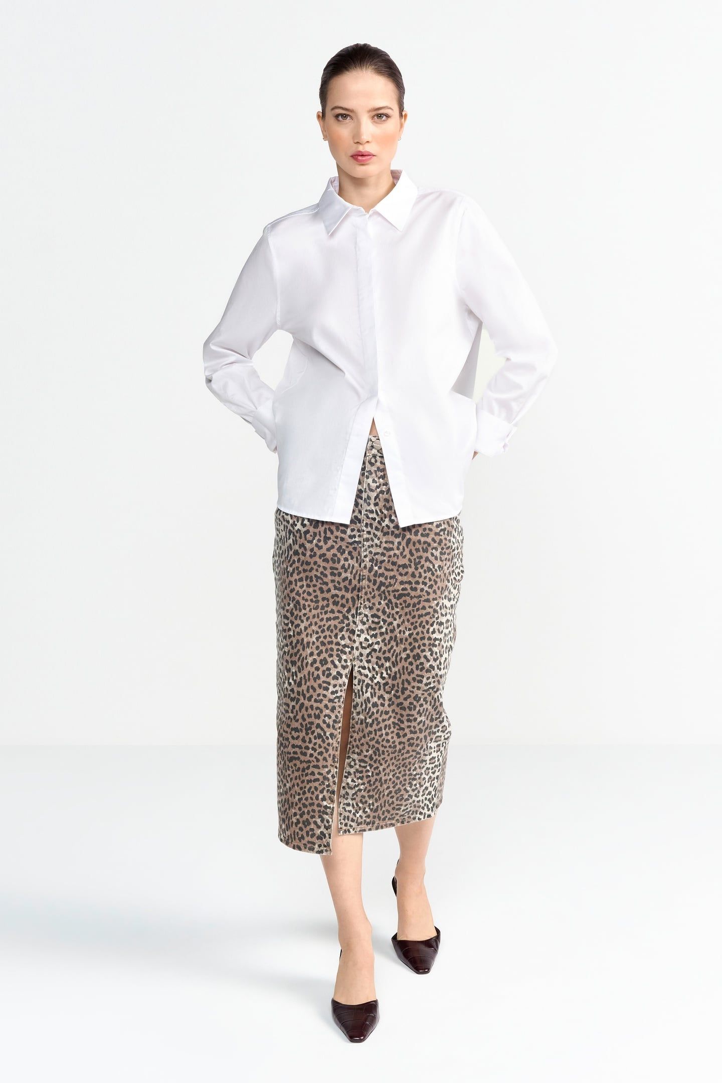 LONG LEOPARD PRINT DENIM SKIRT CAFFEE LATTE 2