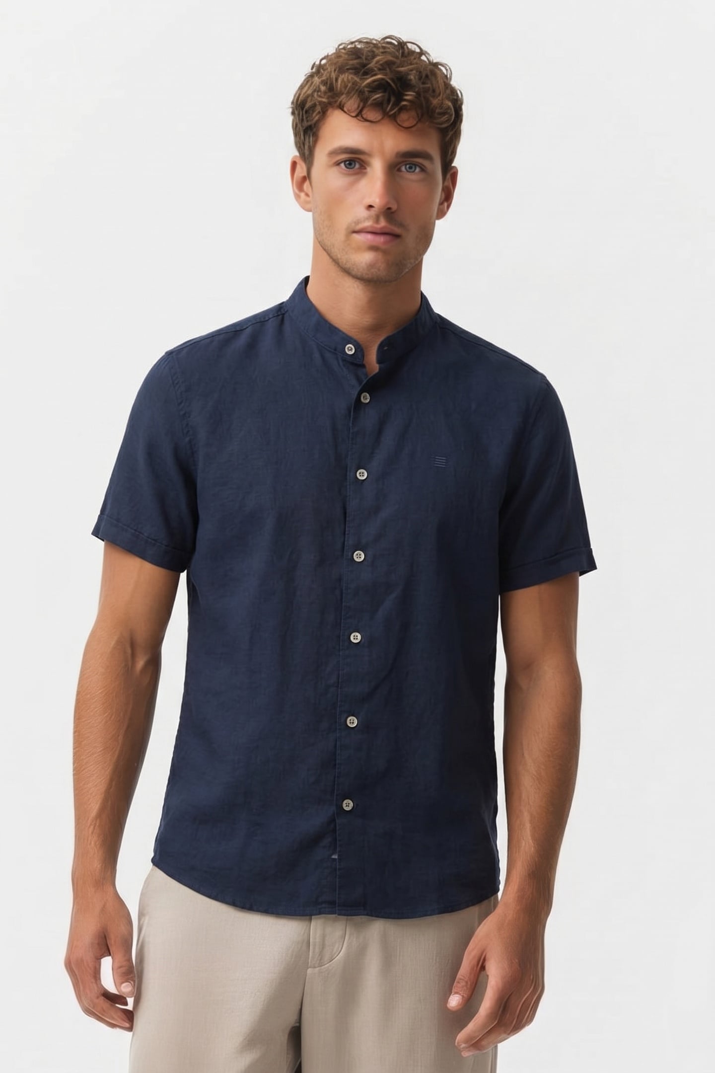 SHIRT SHORT SLEEVE GRANDDAD SOLID WITH LINEN NIGHT 1
