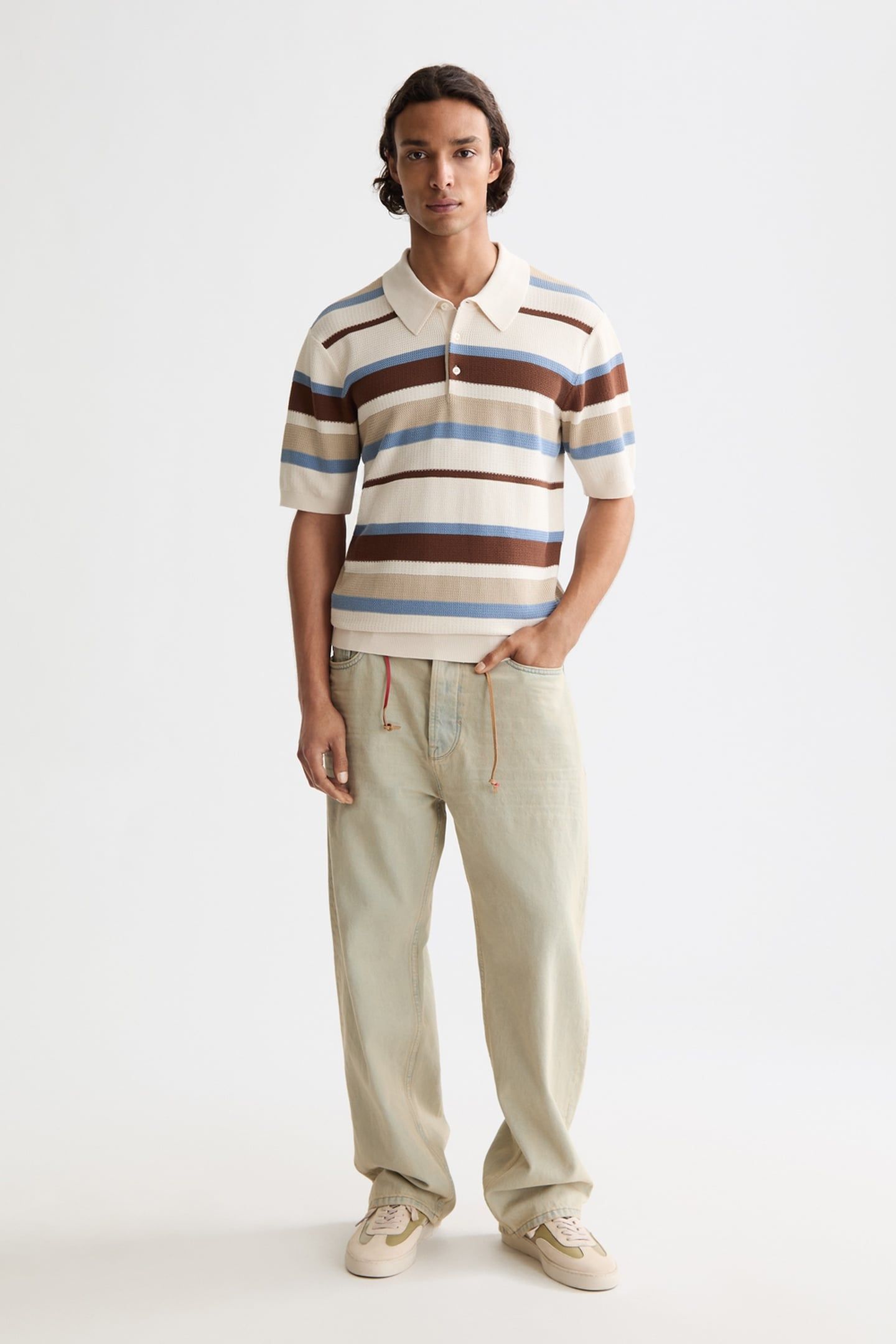 REGULAR-FIT KNITTED STRIPED POLO PLAZA TAUPE STRIPE 3