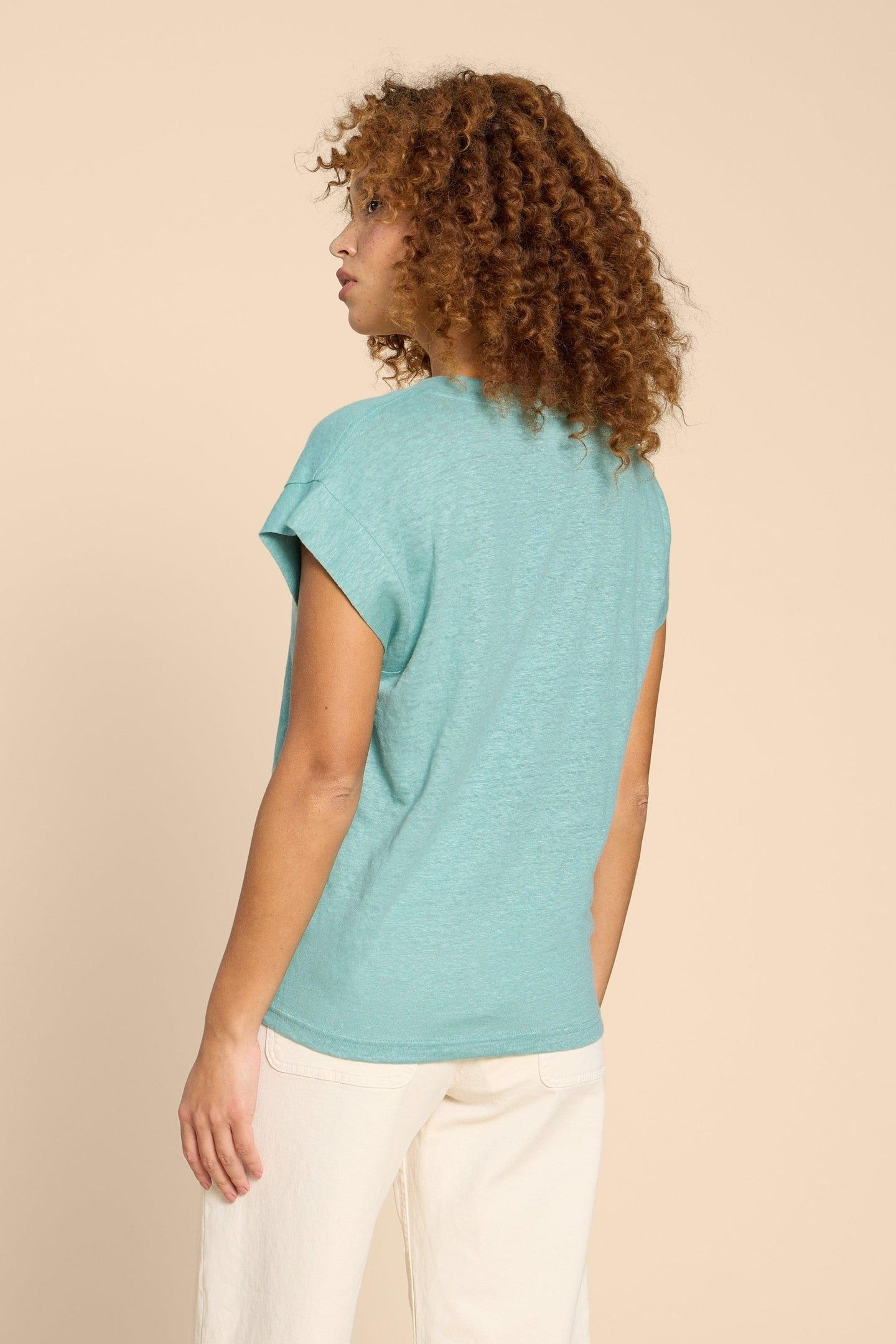 IVY LINEN V NECK TEE MID TEAL 3