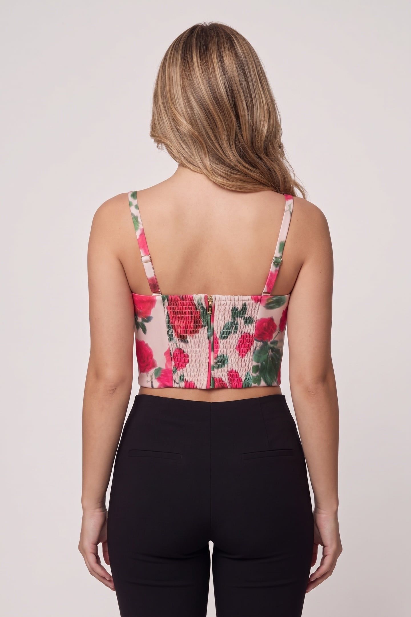 GUESS ECO RAISSA BUSTIER TOP BLURRED ROSES PRINT 3