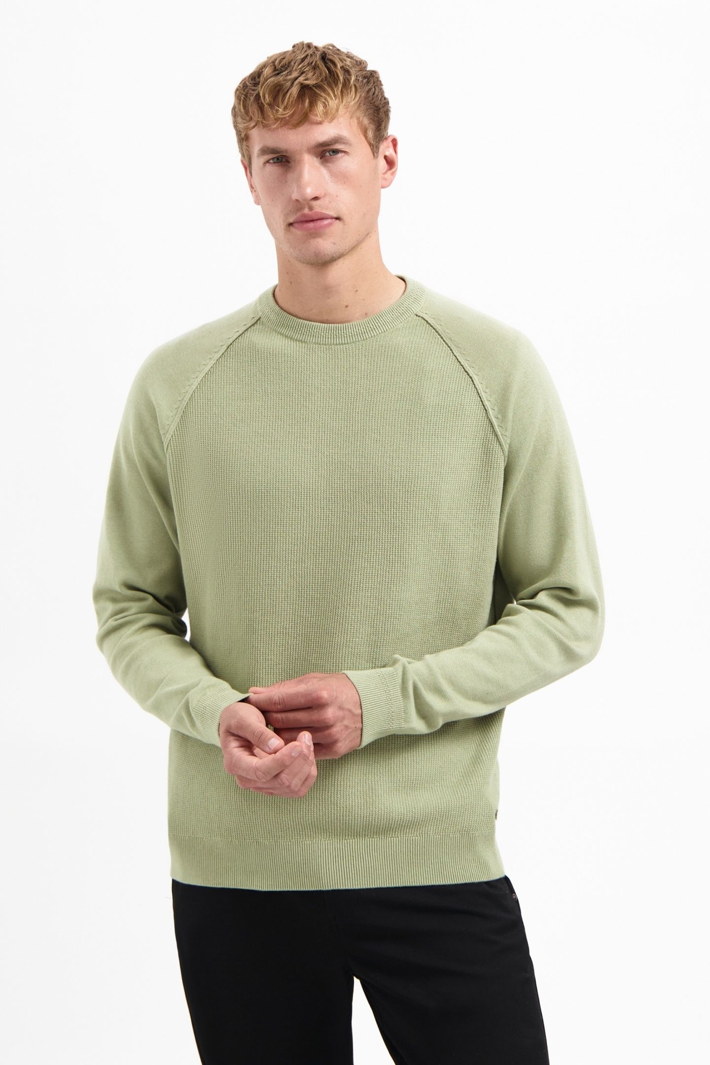 PULLOVER CREWNECK SOLID WAFFLE KNIT LIGHT MOSS 1