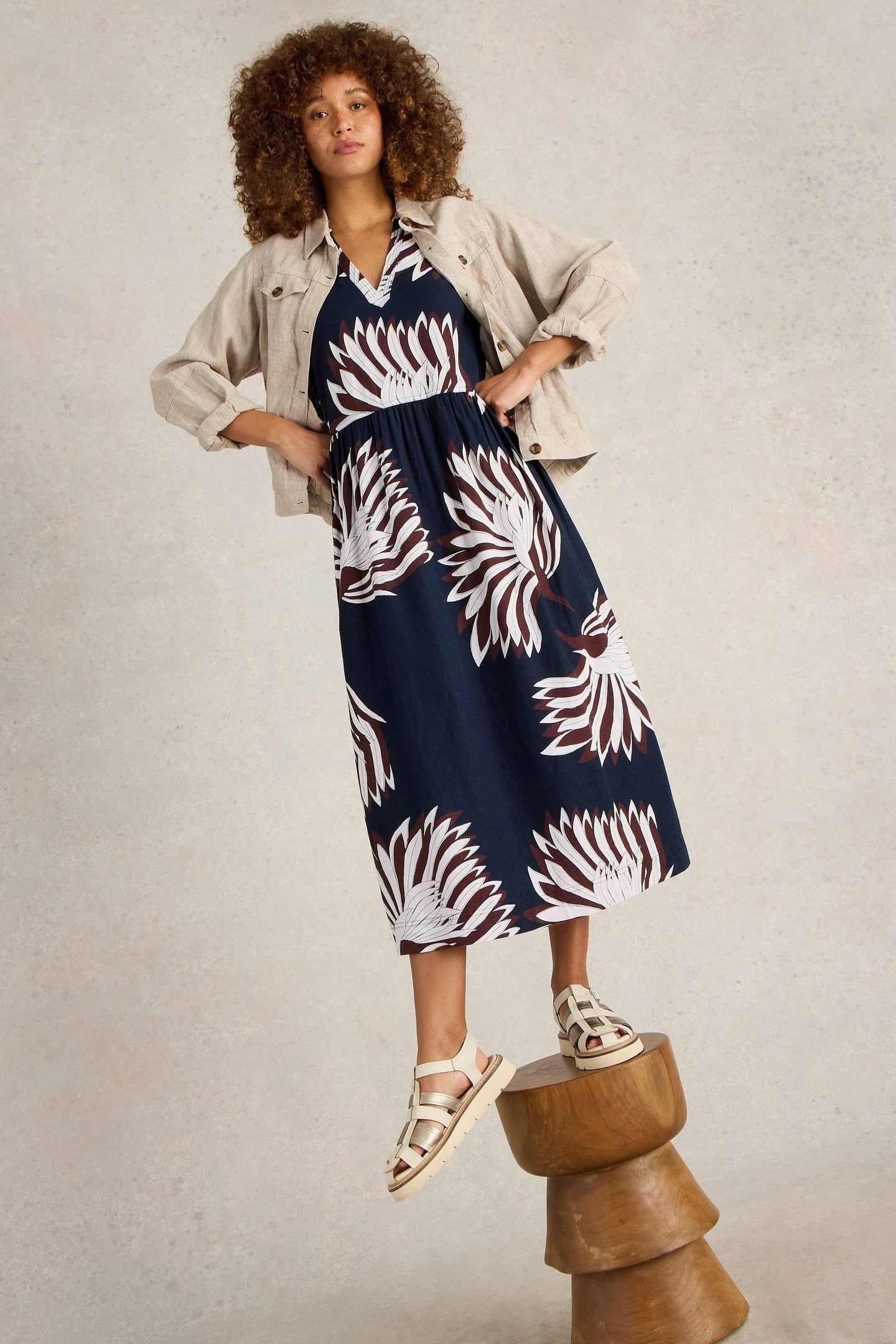 CLOVE LINEN BLEND DRESS NAVY PRINT 8