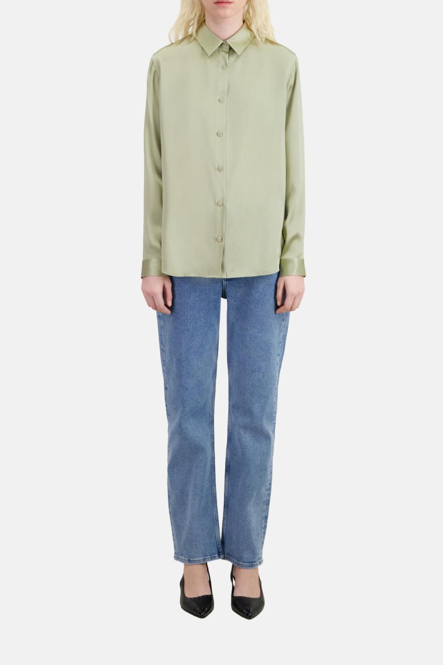 LONG-SLEEVED SILK SATIN SHIRT KAKI GREY 1