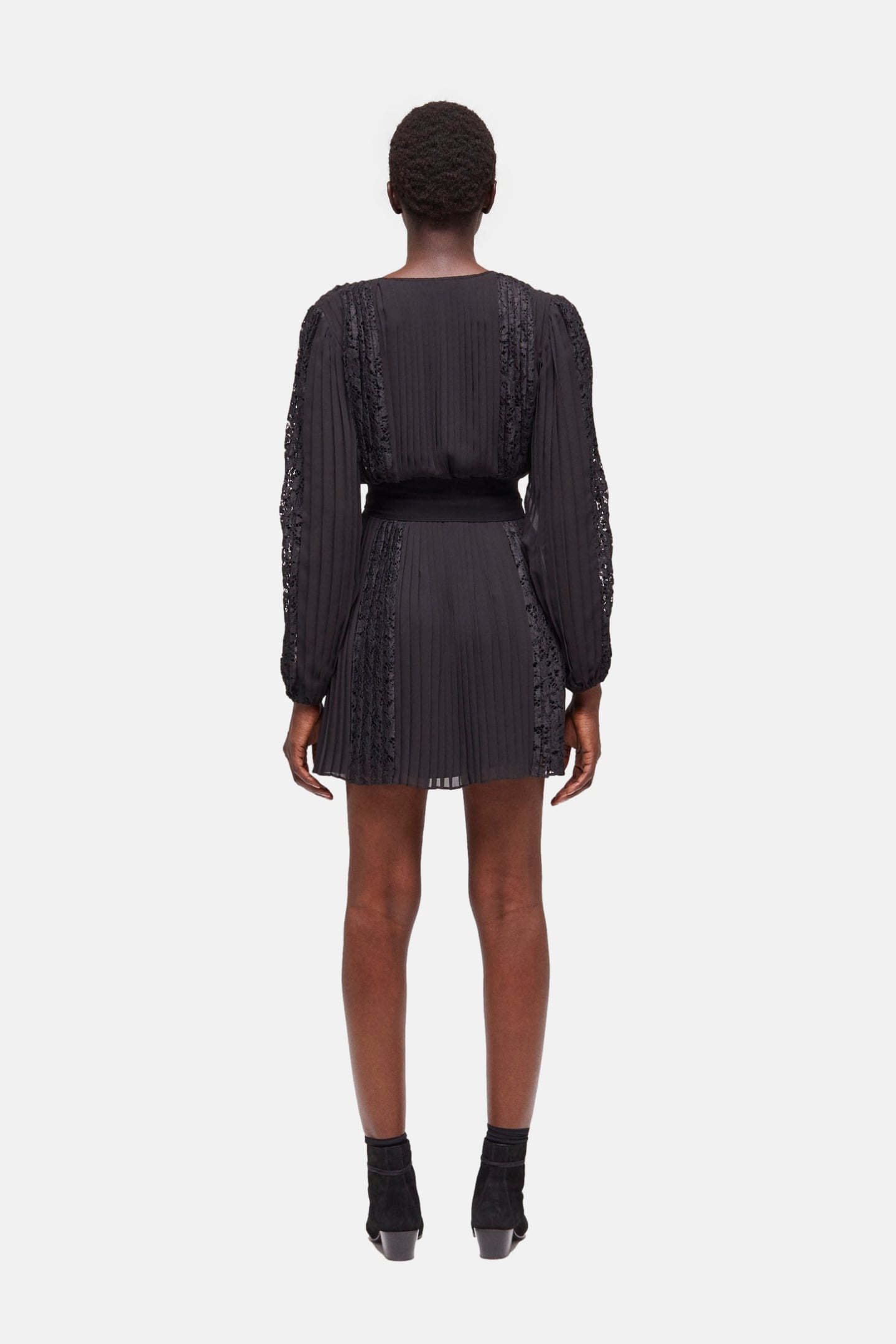 SHORT DRESS WITH LONG SLEEVES, V-NECK, AND LACE INLAY BLACK 3