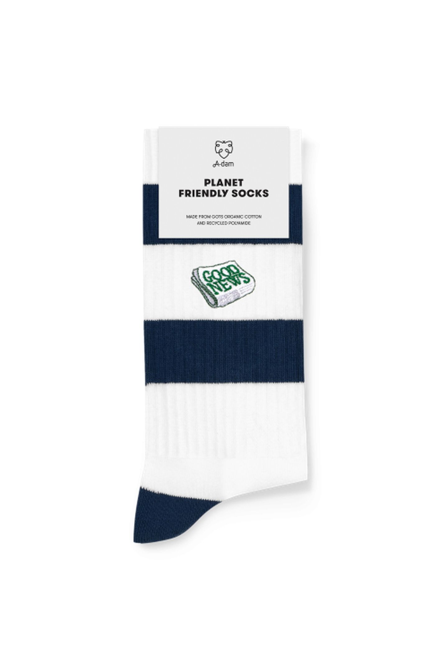 A-DAM 3-PACK CREW SOCKS NAVY STRIPES GOOD NEWS WHITE 3