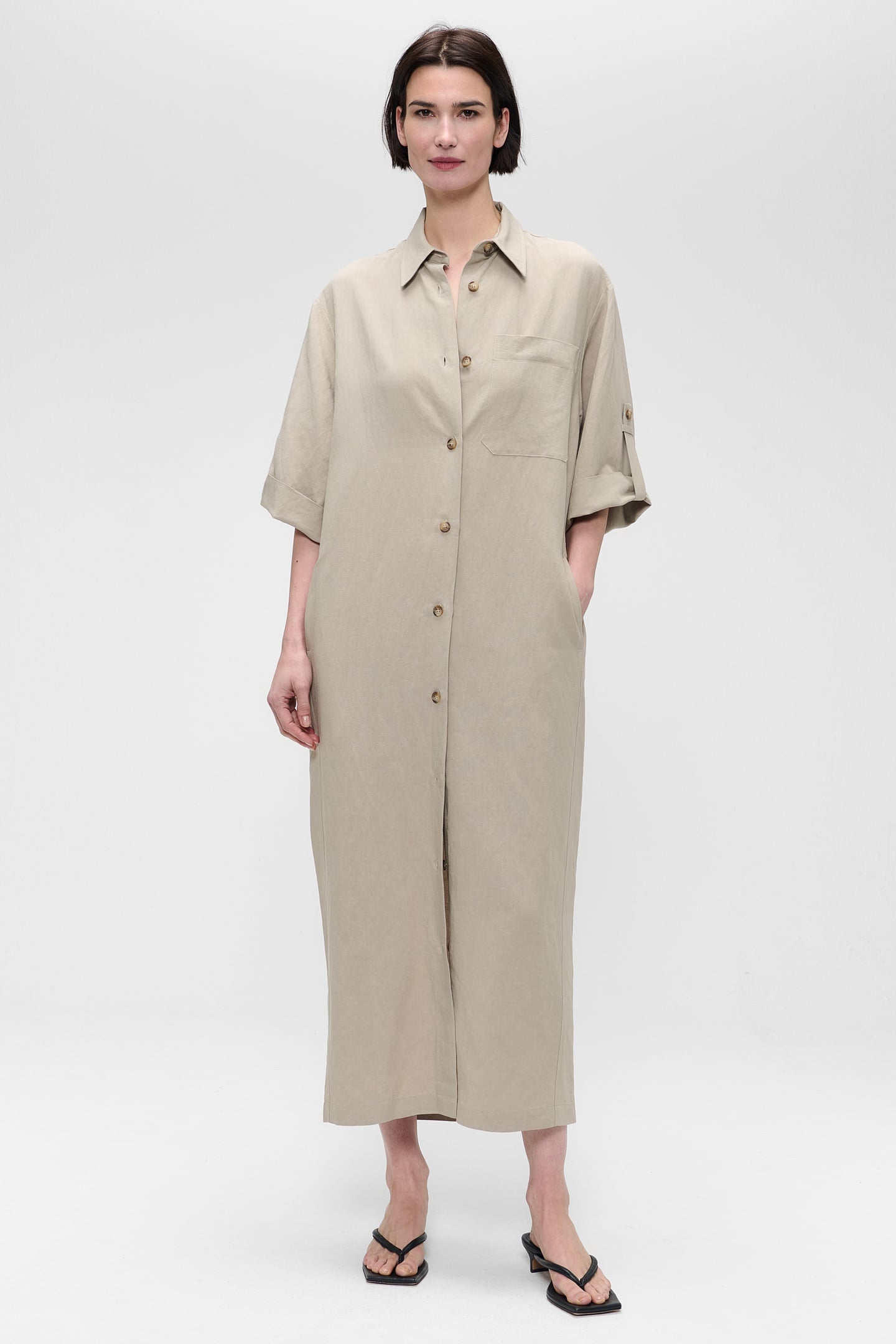 FINE LINEN VISC SHIRT DRESS GREEN KHAKI 1