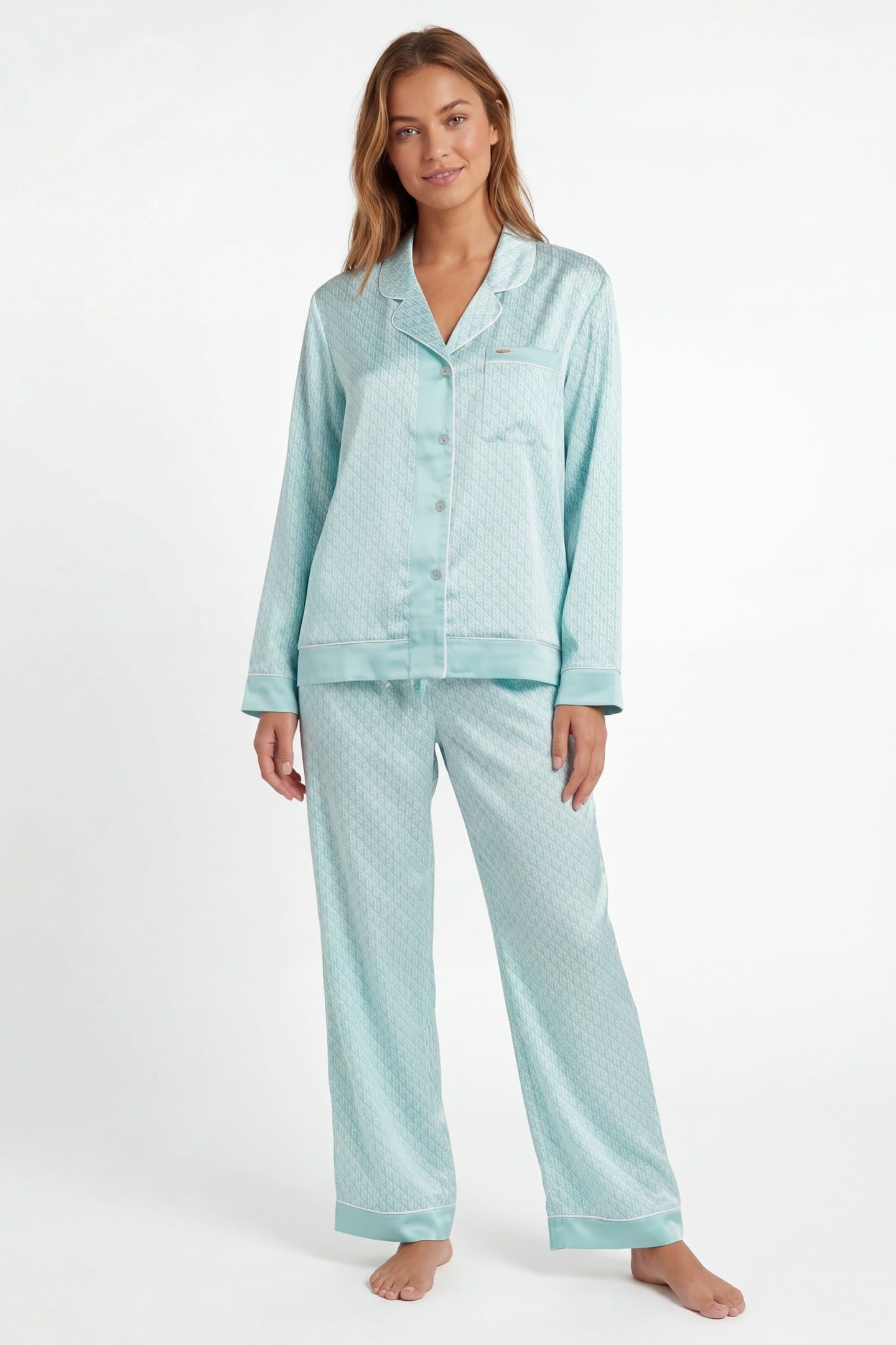 FERN 1PK MONOGRAM TB TRADITIONAL SATIN PJ SET AQUIFER PRINT 1