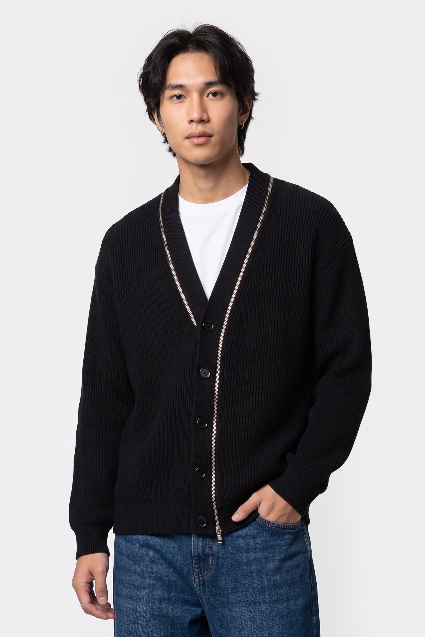 RIBBED WOOL CARDIGAN WITH ZIP BLACK 1