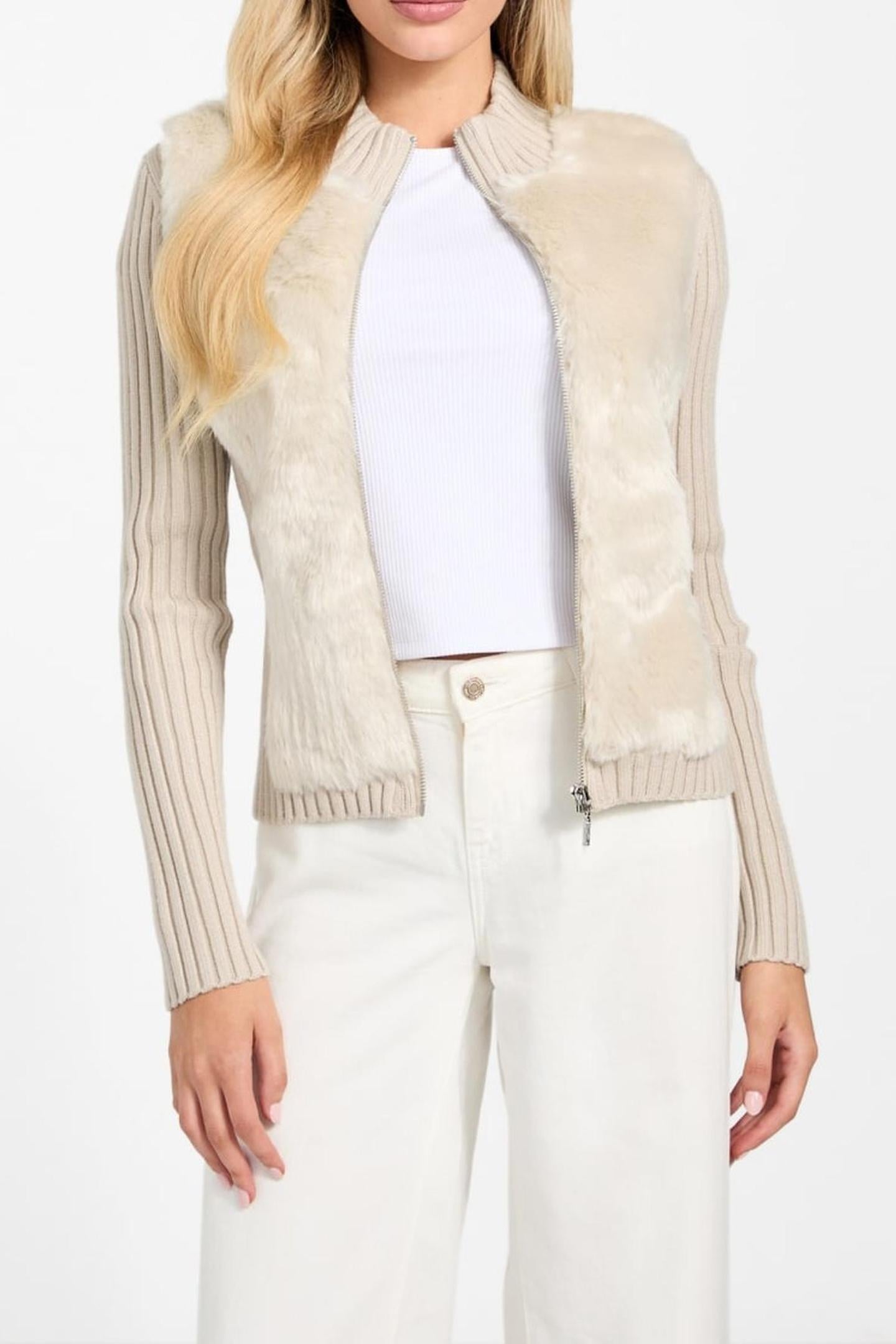 LS FUR MIX ZIP FRNT PEARL OYSTER MULTI 4