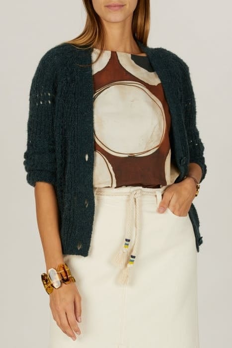 LOOSE V-NECK AJOUR CARDI LS GREEN 3