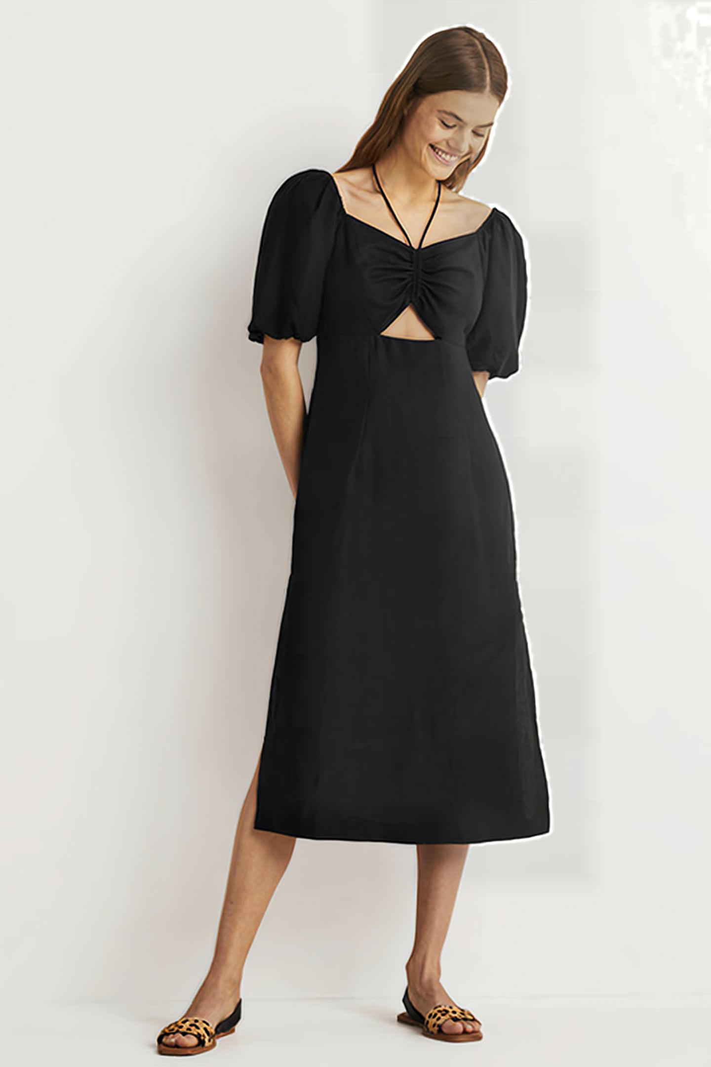 HALTERNECK CUTOUT COLUMN DRESS BLK 1