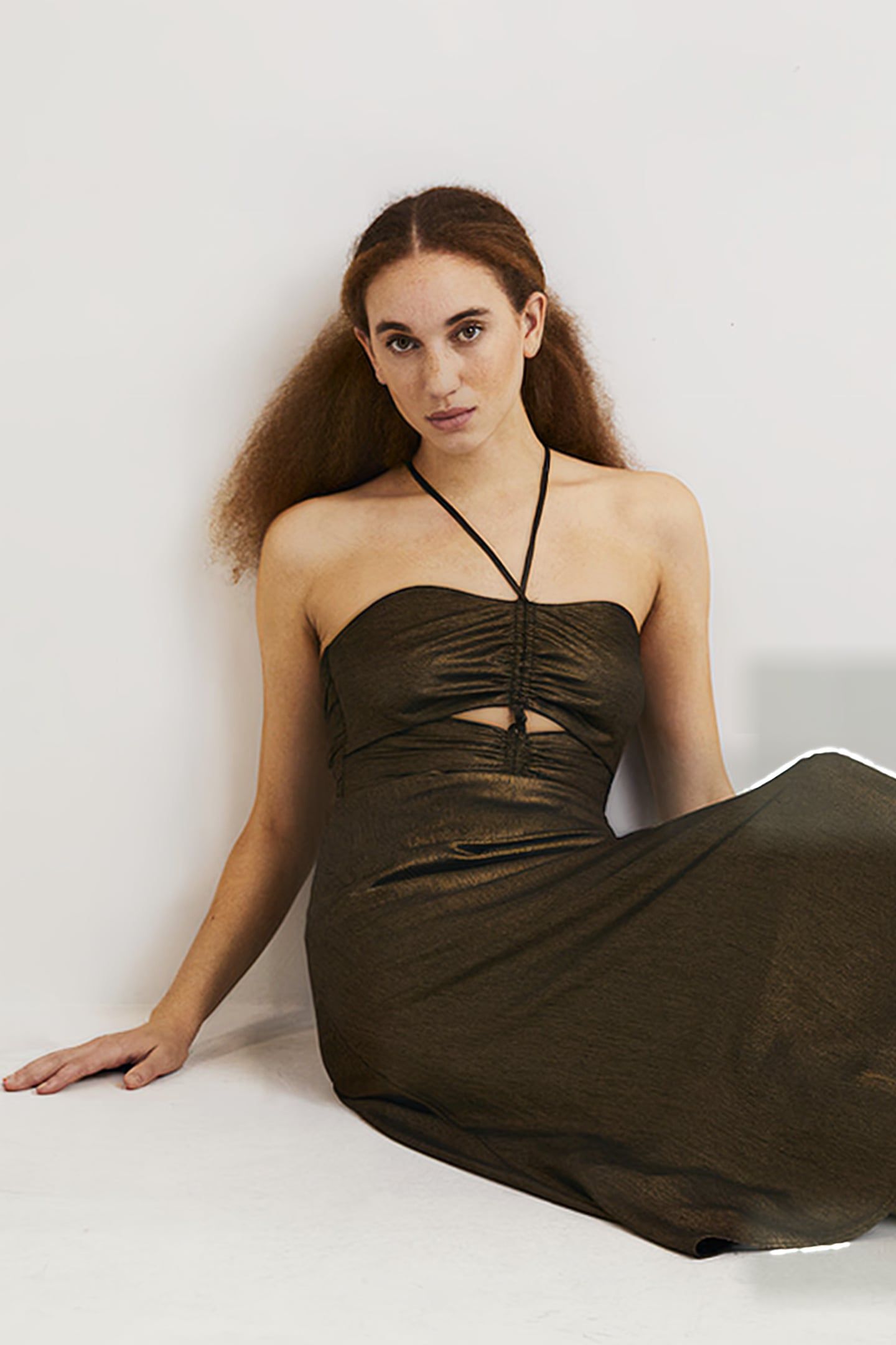METALLIC HALTERNECK MIDI DRESS GLD 5