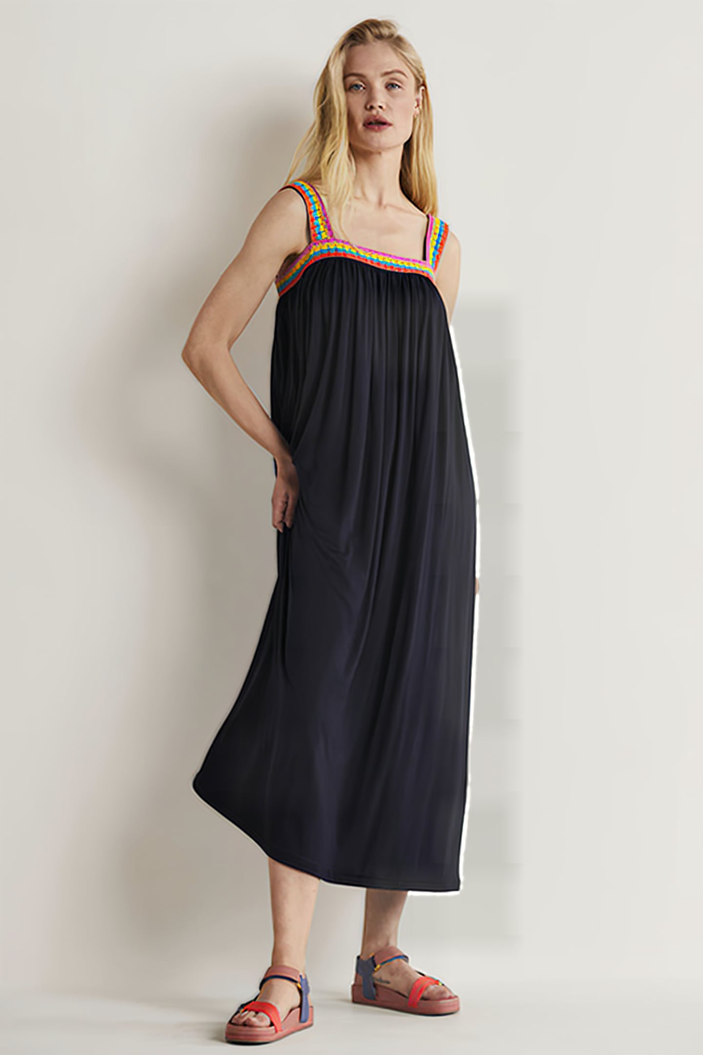 CROCHET TRIM JERSEY MAXI DRESS NAV 3
