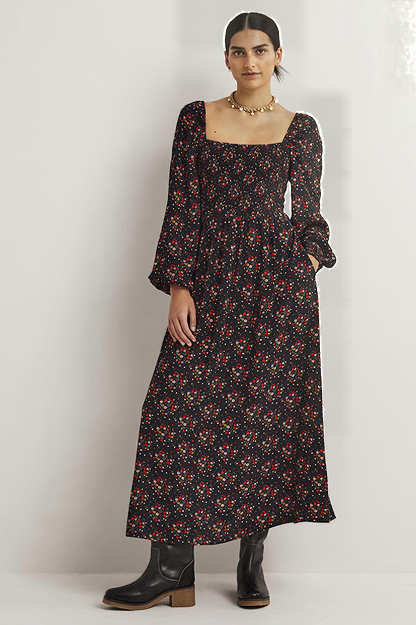 SQUARE NECK SMOCKED MAXI DRESS BLK 1