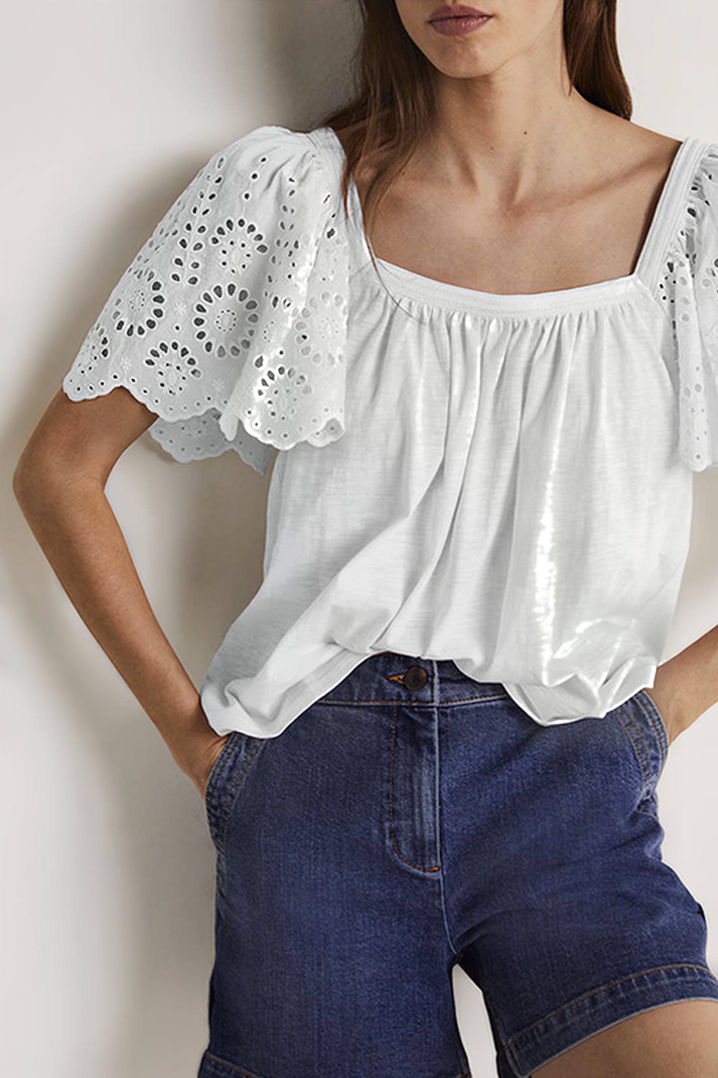 SQUARE NECK WOVEN SLEEVE TOP WHT 4
