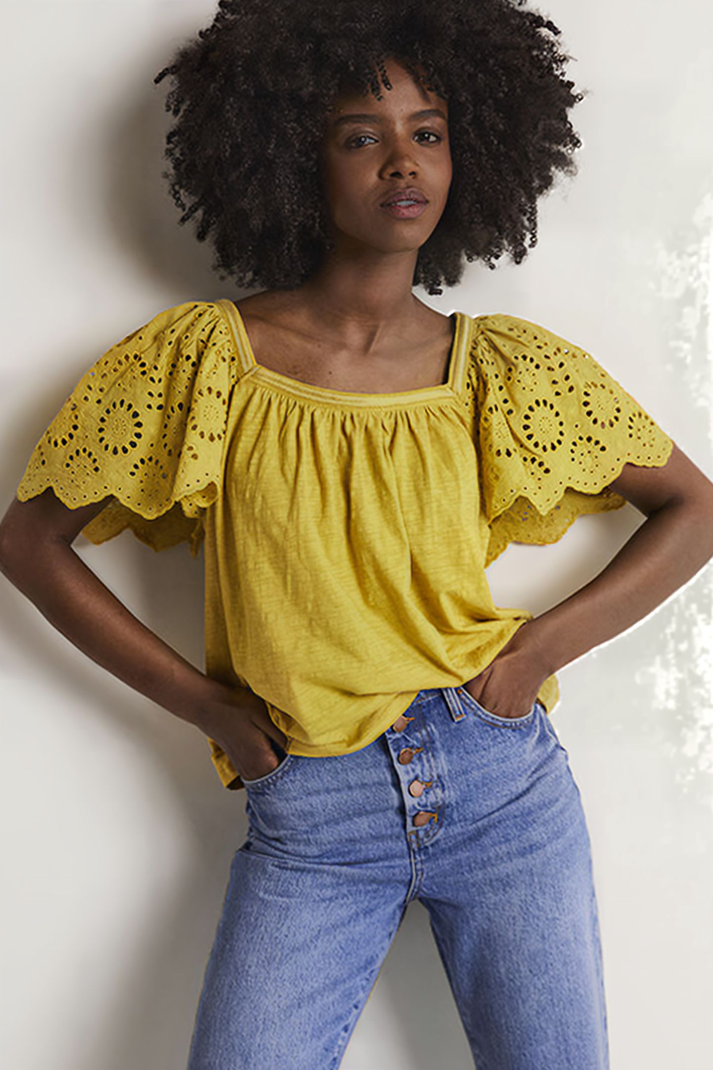 SQUARE NECK WOVEN SLEEVE TOP MUS 1