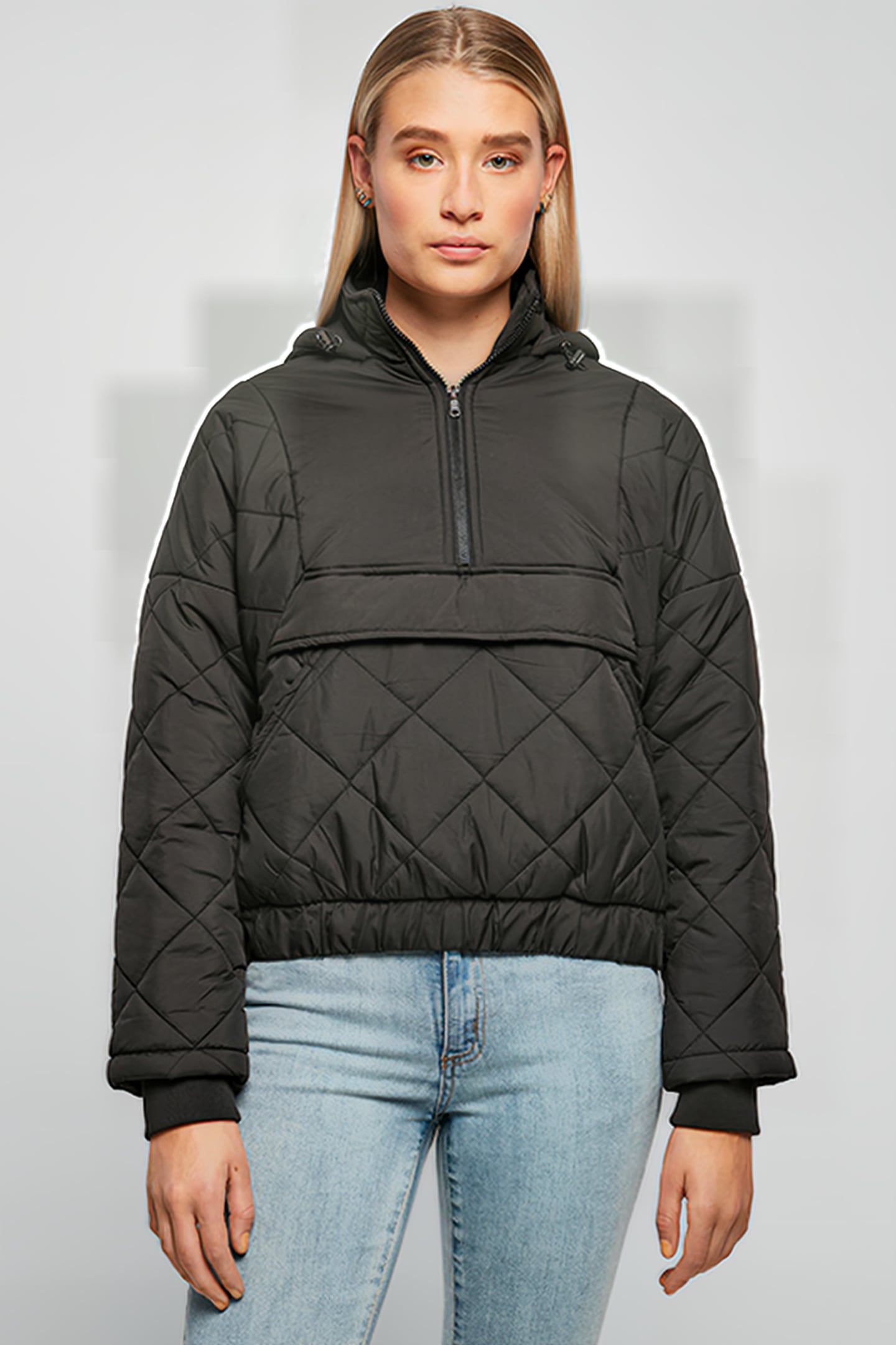 LADIES OVERSIZED DIAMOND QUILTED PULL OVER JACKET BLACK 2