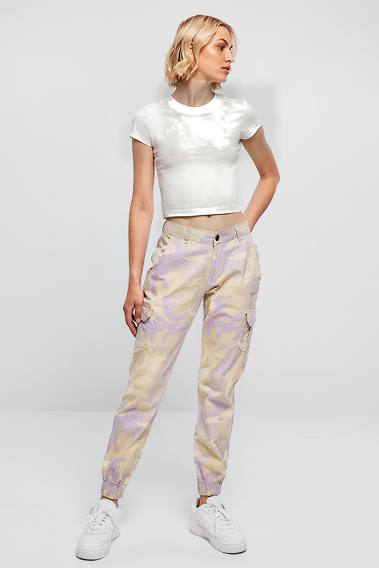 LADIES HIGH WAIST CAMO CARGO PANTS LILACCAMO 4