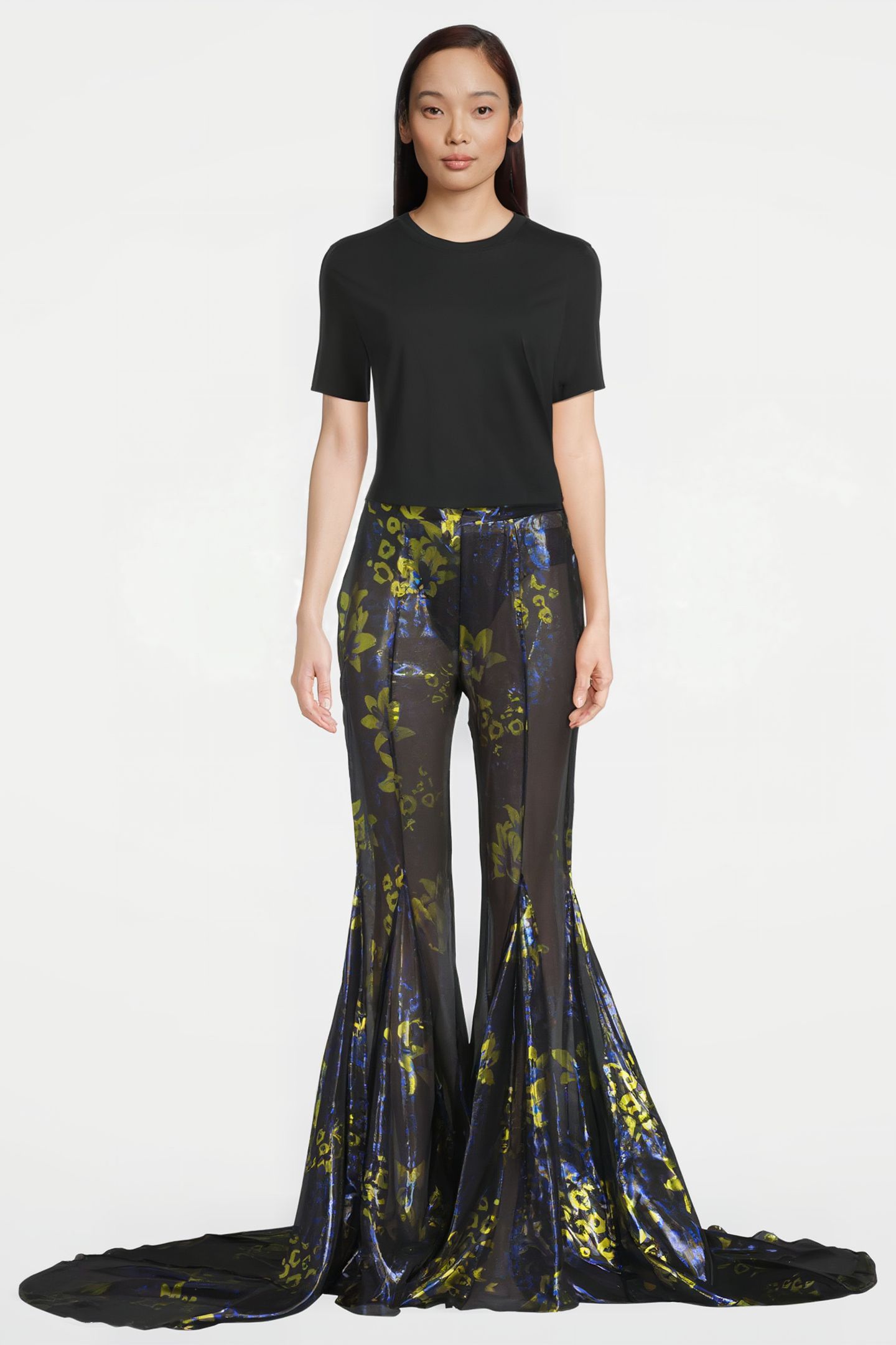WOMEN‘S FLARED TRANSPARENT TROUSERS BLUE LILLY PRINT 1