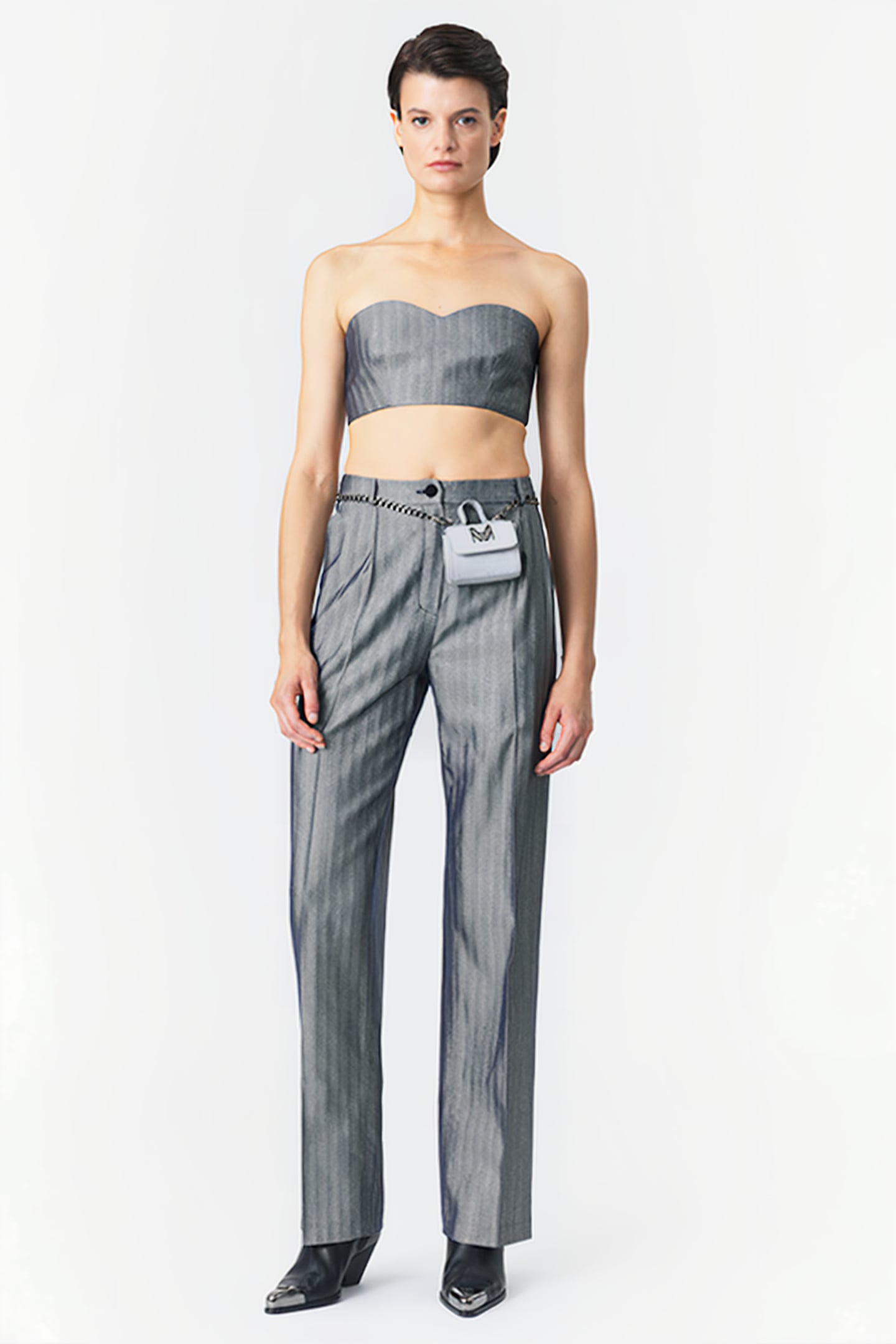 STRAPLESS BUSTIER TOP SILVER HERRINGBONE 1