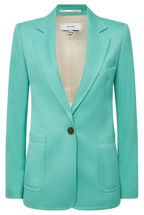 EMBER BLAZER GREEN BLAZER — THE MODEL IS WEARING A SIZE 8 6