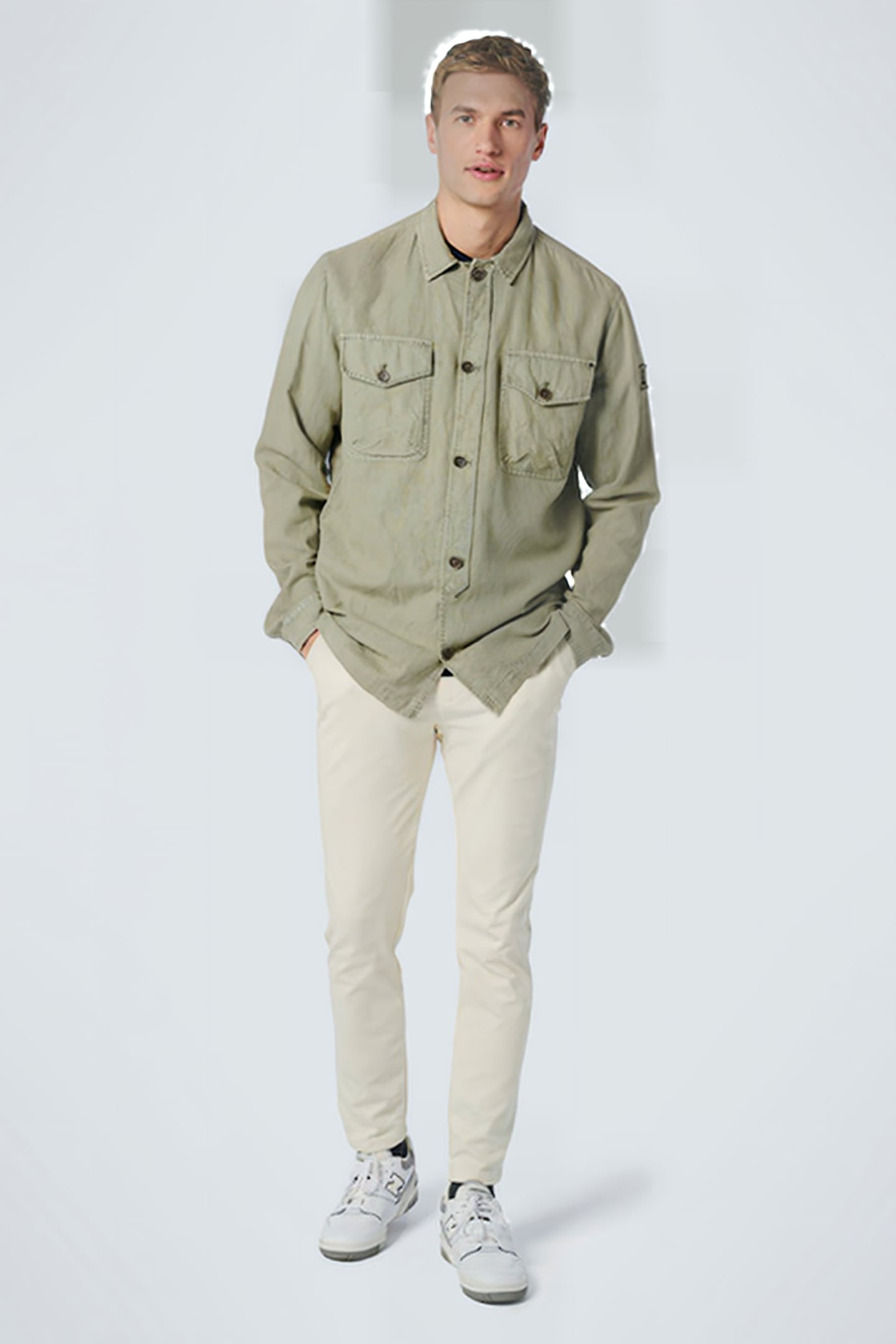 OVERSHIRT BUTTON CLOSURE GARMENT DYED WITH LINEN SMOKE GREEN 3