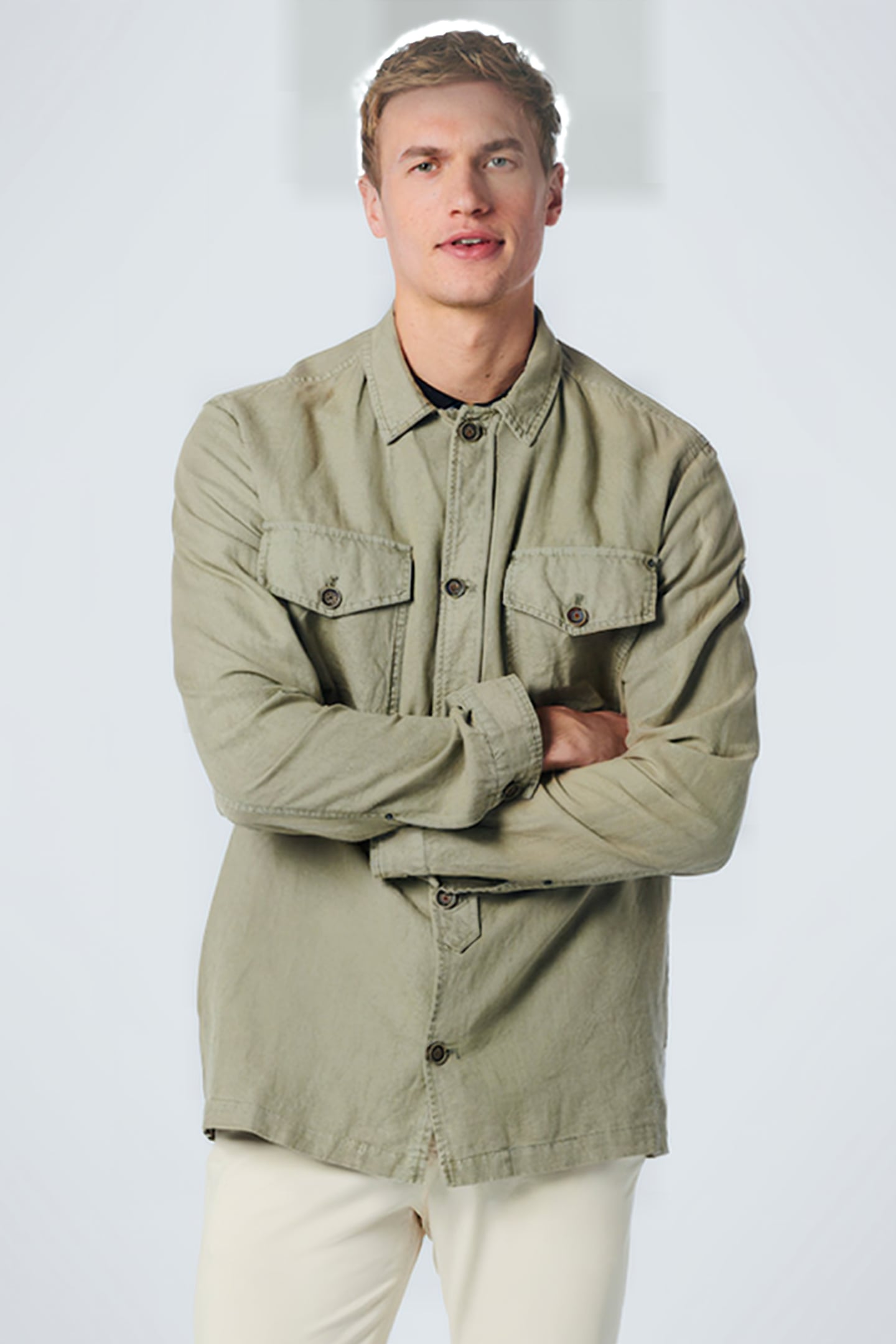 OVERSHIRT BUTTON CLOSURE GARMENT DYED WITH LINEN SMOKE GREEN 1
