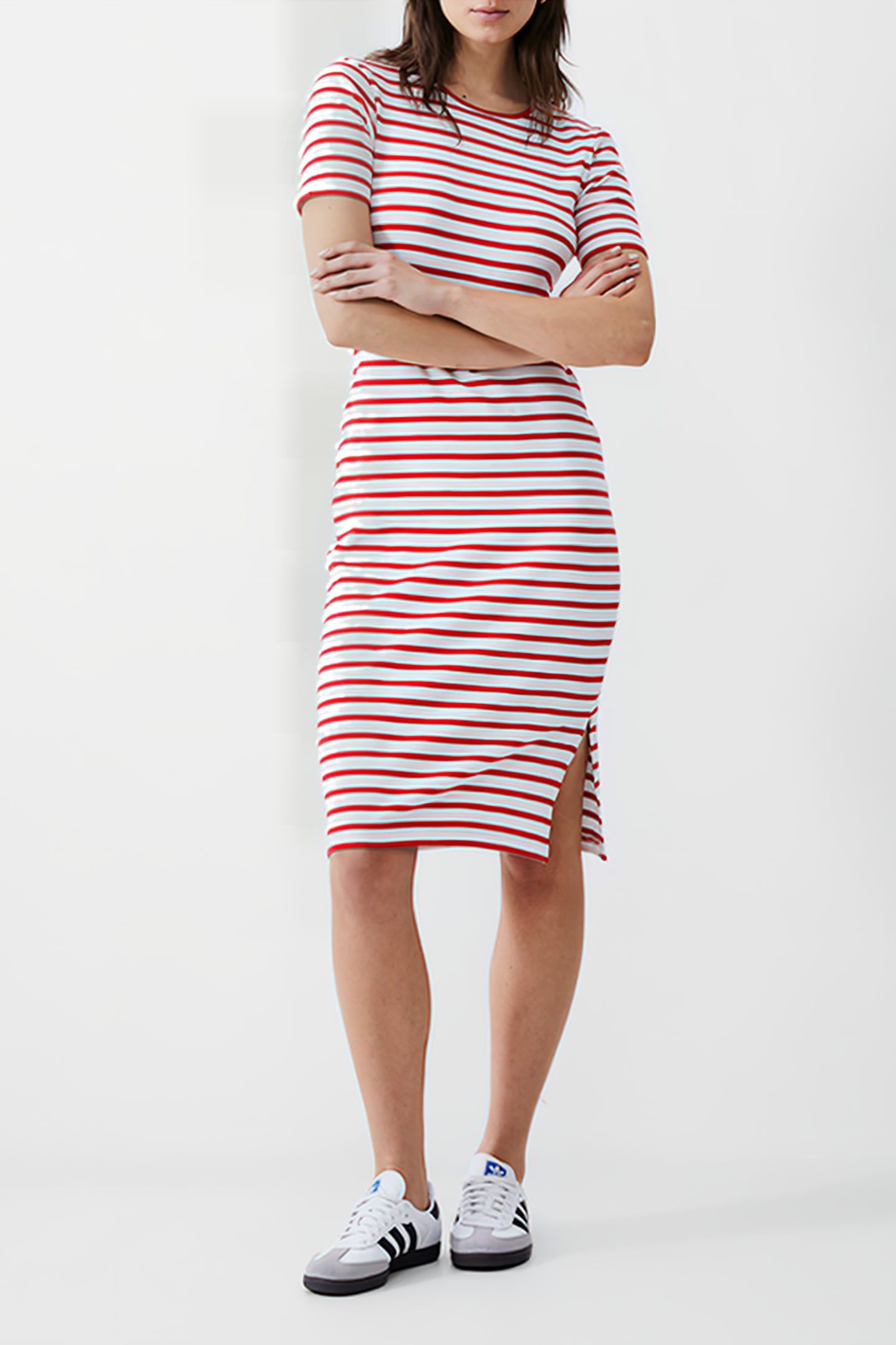 STRIPE RIB DRESS MIDI POPPY/WHITE 2