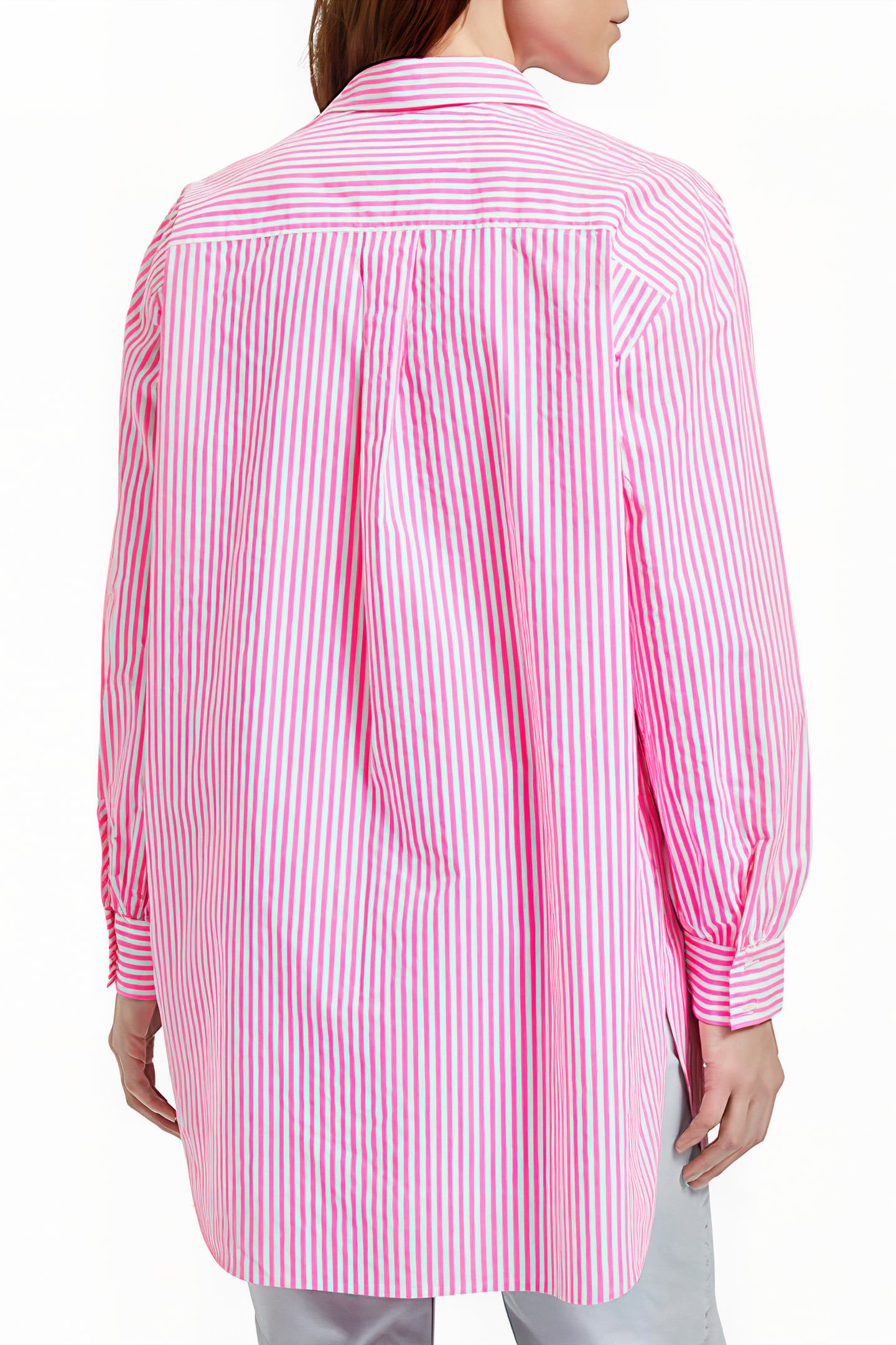 OVERSIZED POPLIN SHIRT IN FLUO PINK /WHITE STRIPE COMBO S 2