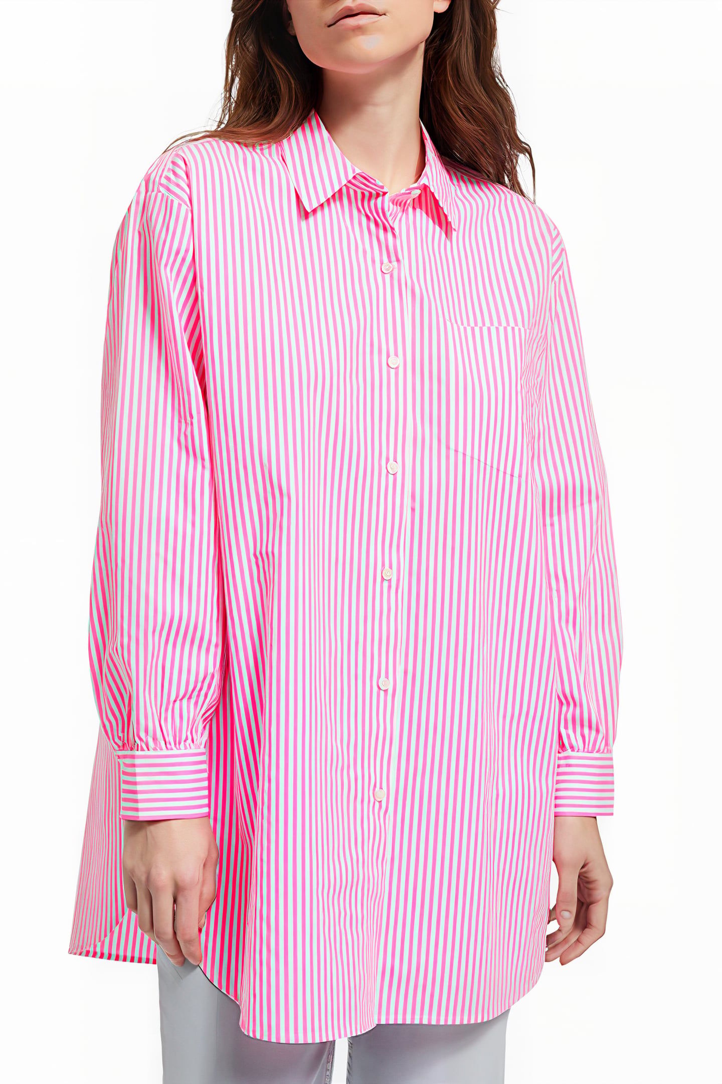 OVERSIZED POPLIN SHIRT IN FLUO PINK /WHITE STRIPE COMBO S 1