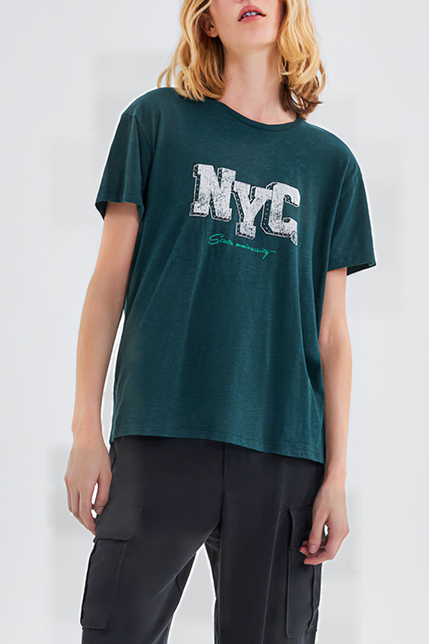 DUCK GREEN ORGANIC T-SHIRT WITH STUDDED SLOGAN 1