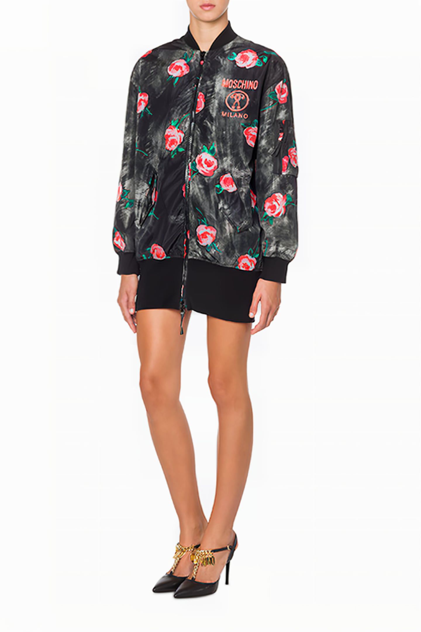 PAINTED FLOWERS NYLON BOMBER JACKET BLACK 1