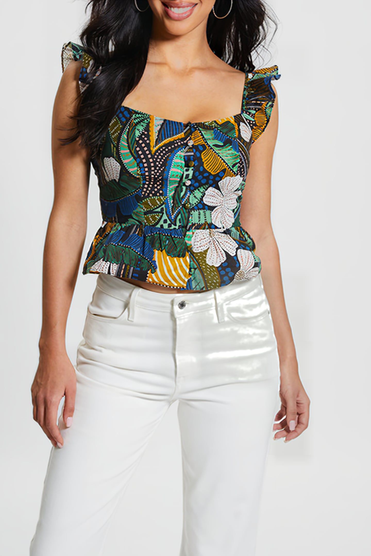 GUESS ECO SL CARINE PEPLUM TOP TROPICAL TRAVELER 1
