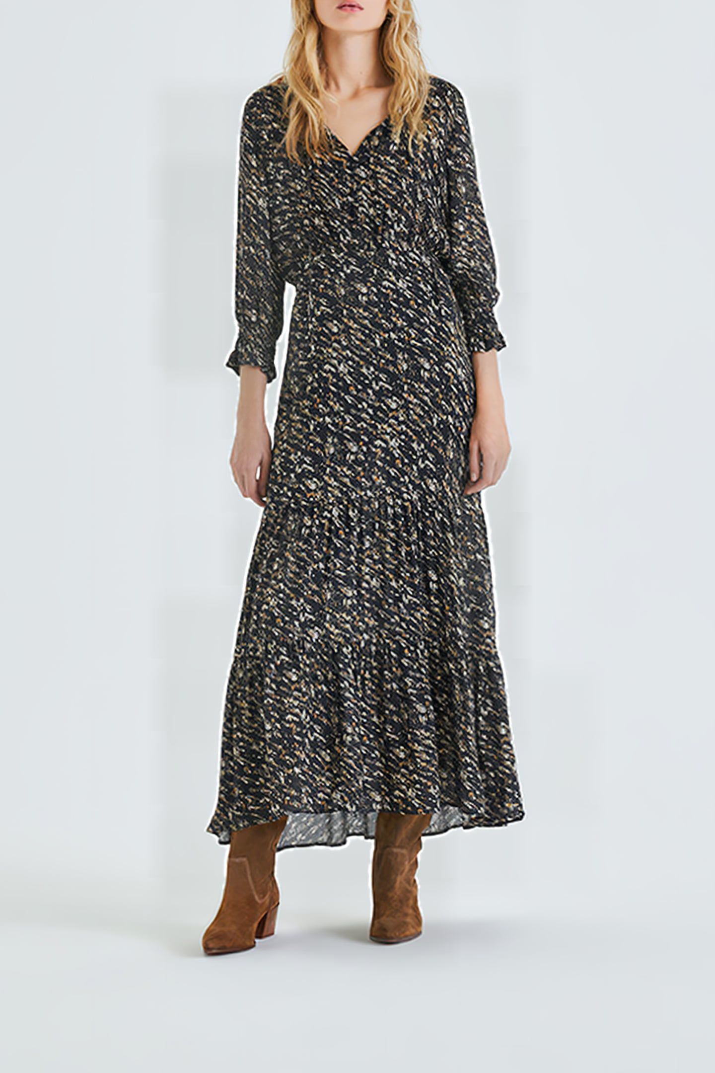 BLACK FUSAIN PRINT LONG DRESS BLACK 1